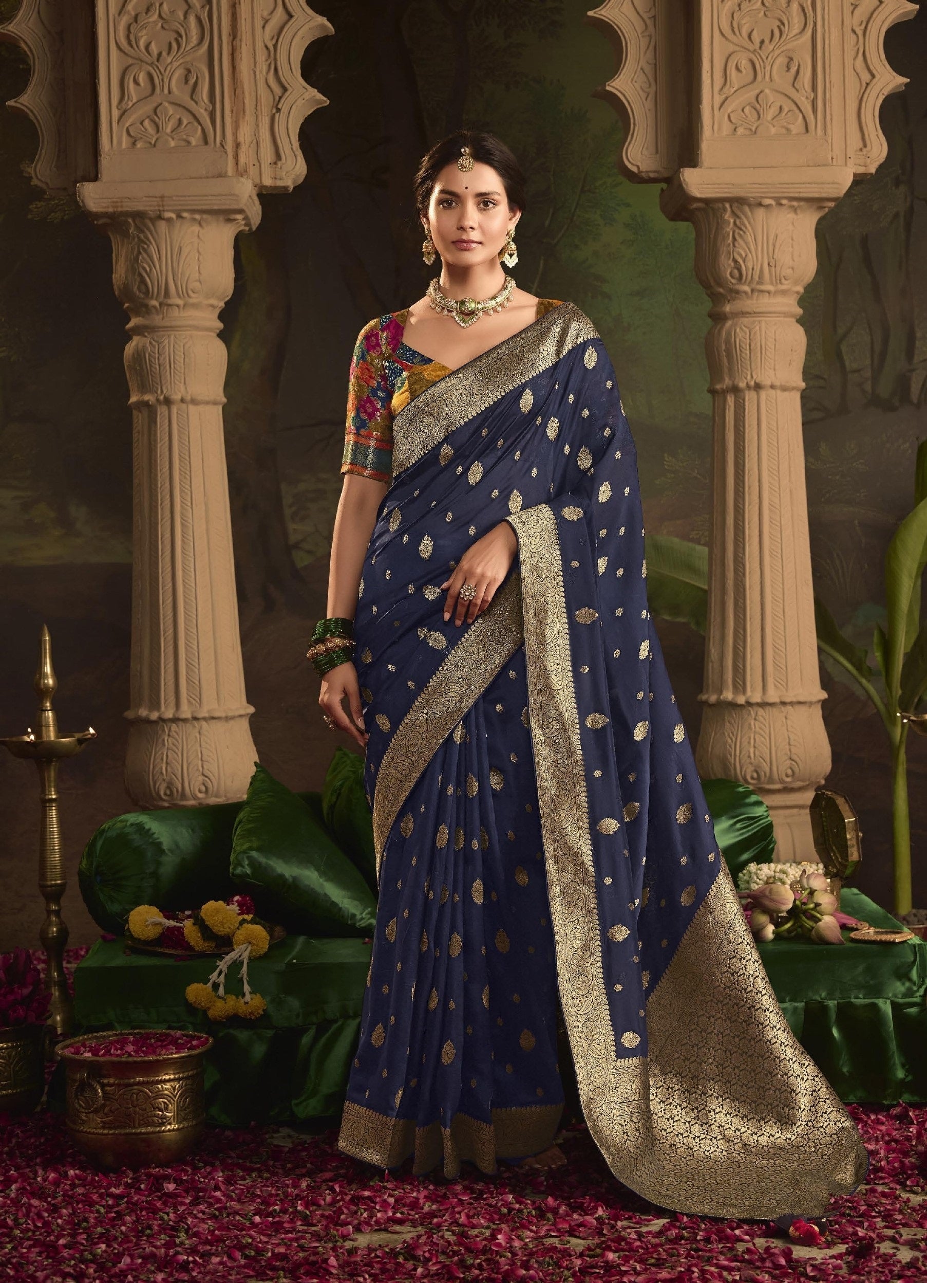 Blue Pure Crepe Dola Silk Zari Work Saree