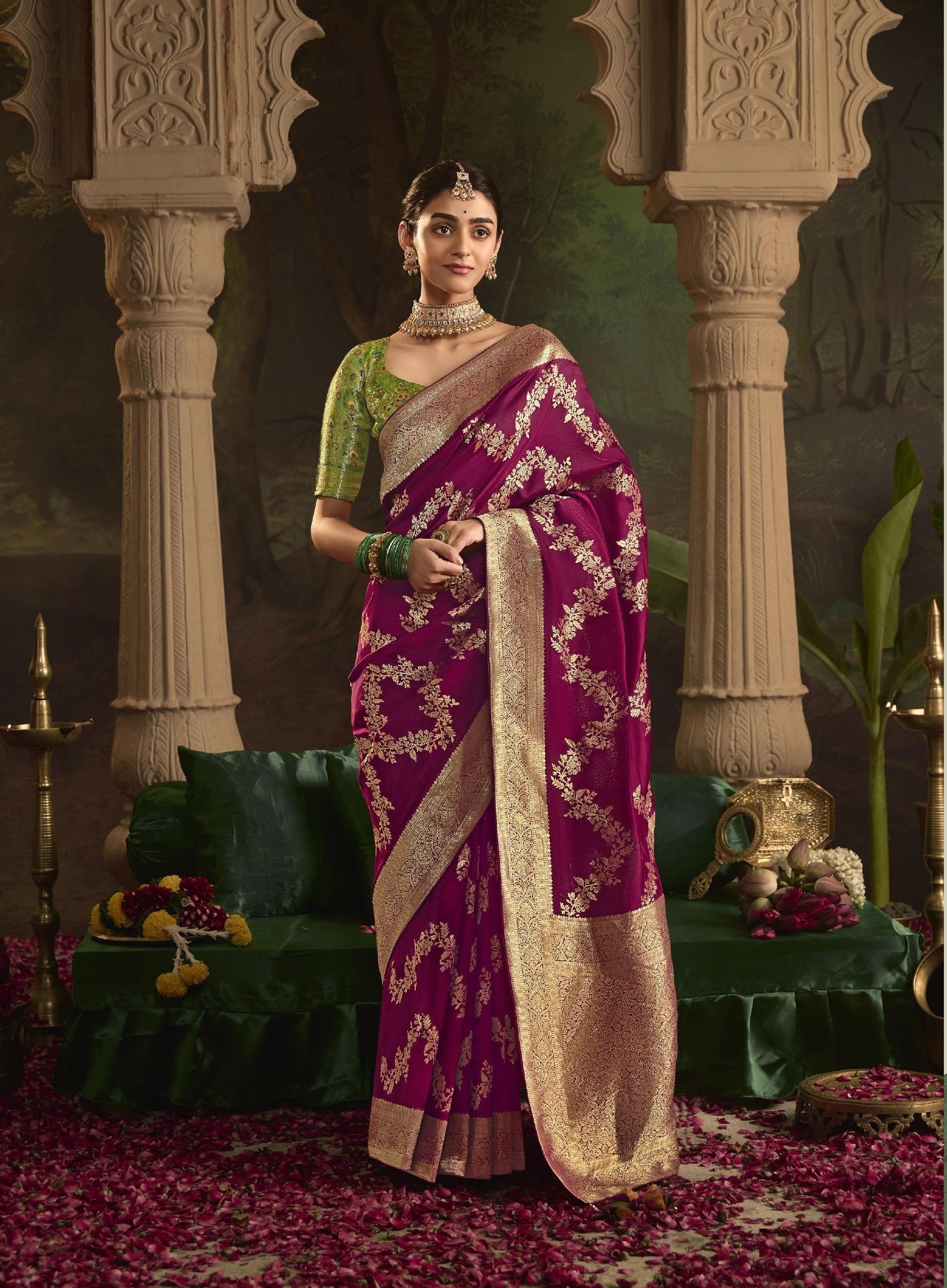 Magenta Pure Crepe Dola Silk Zari Work Saree