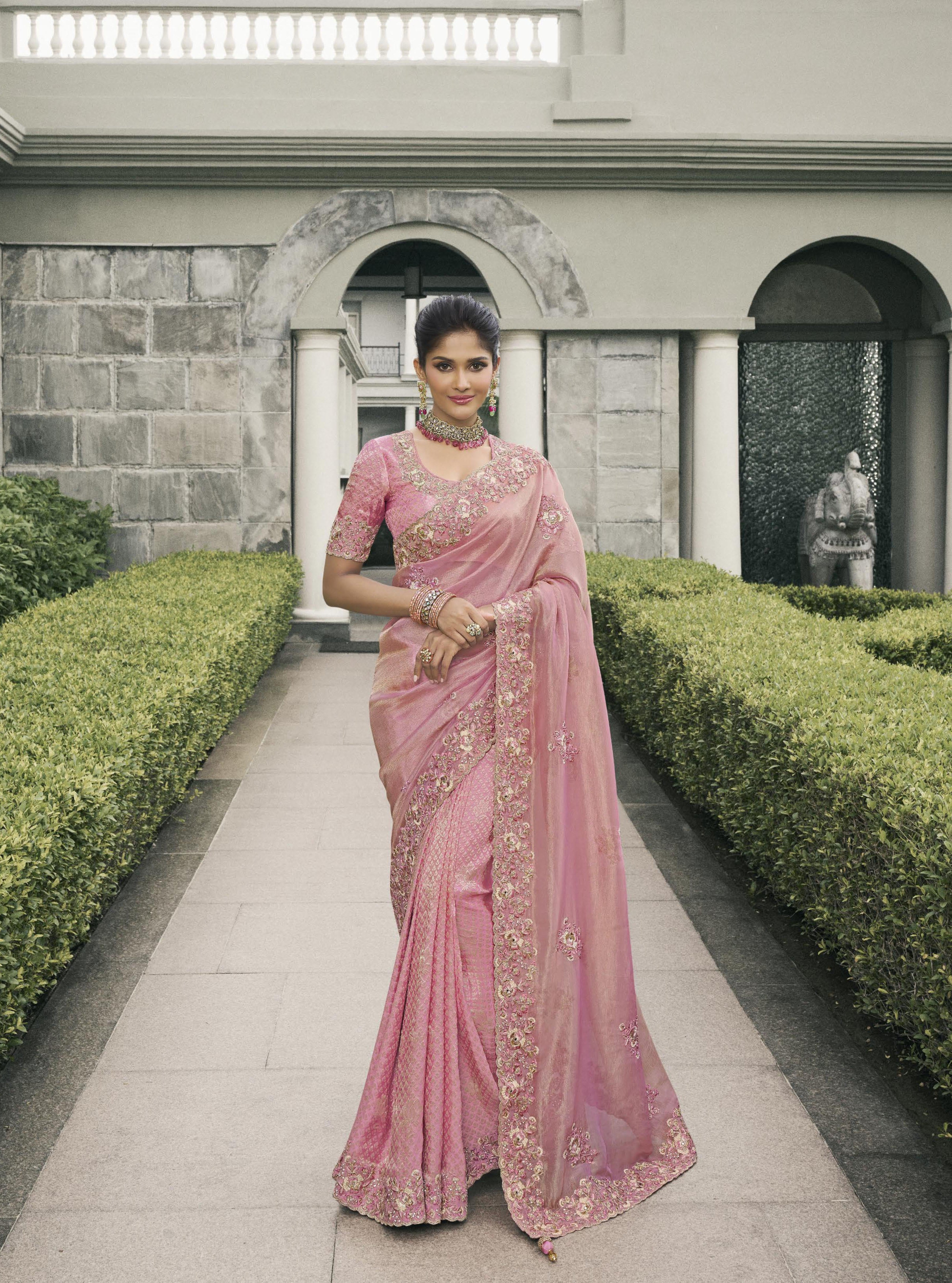 Pink Tissue Silk Stone Work Saree