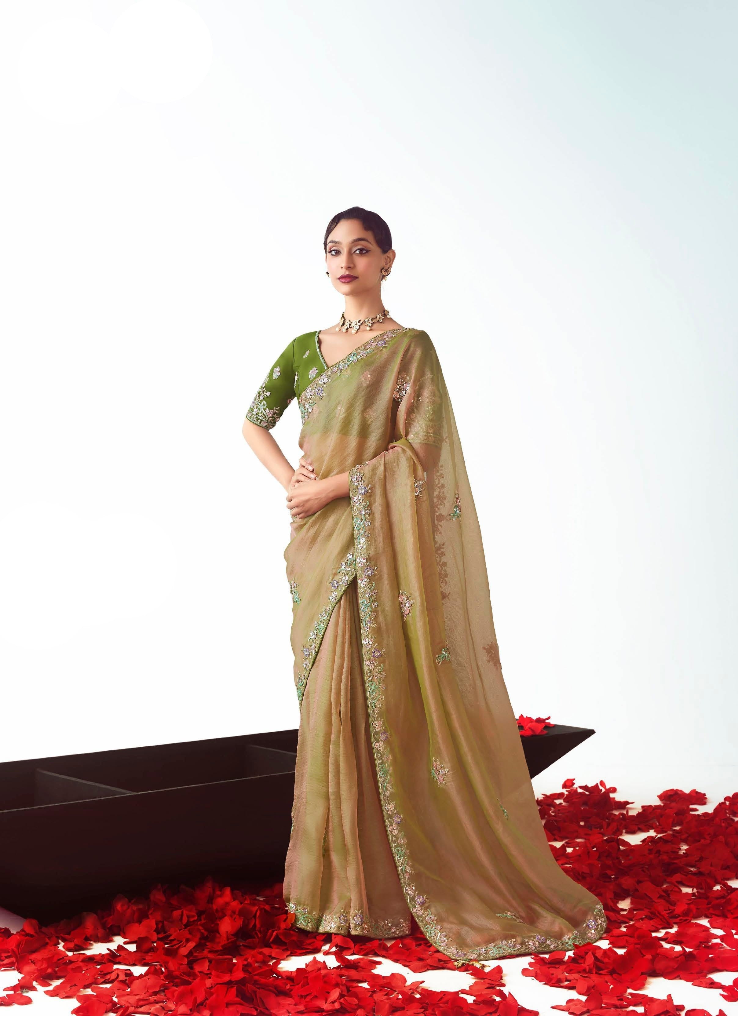 Golden Organza Embroidered Saree