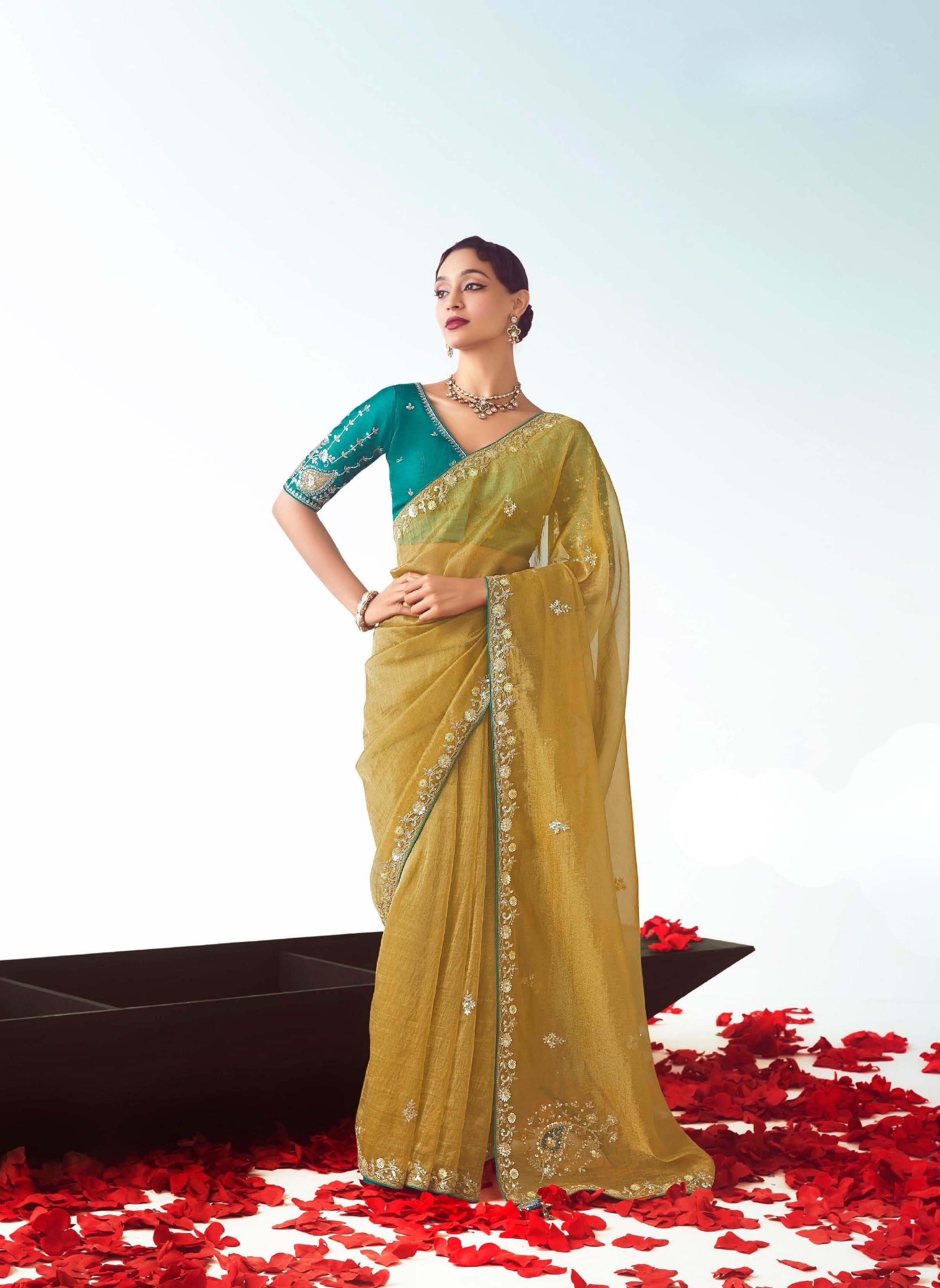Yellow Organza Embroidered Saree