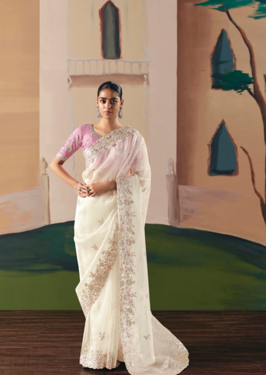 Off White Fancy Fabric Sequence Work Saree