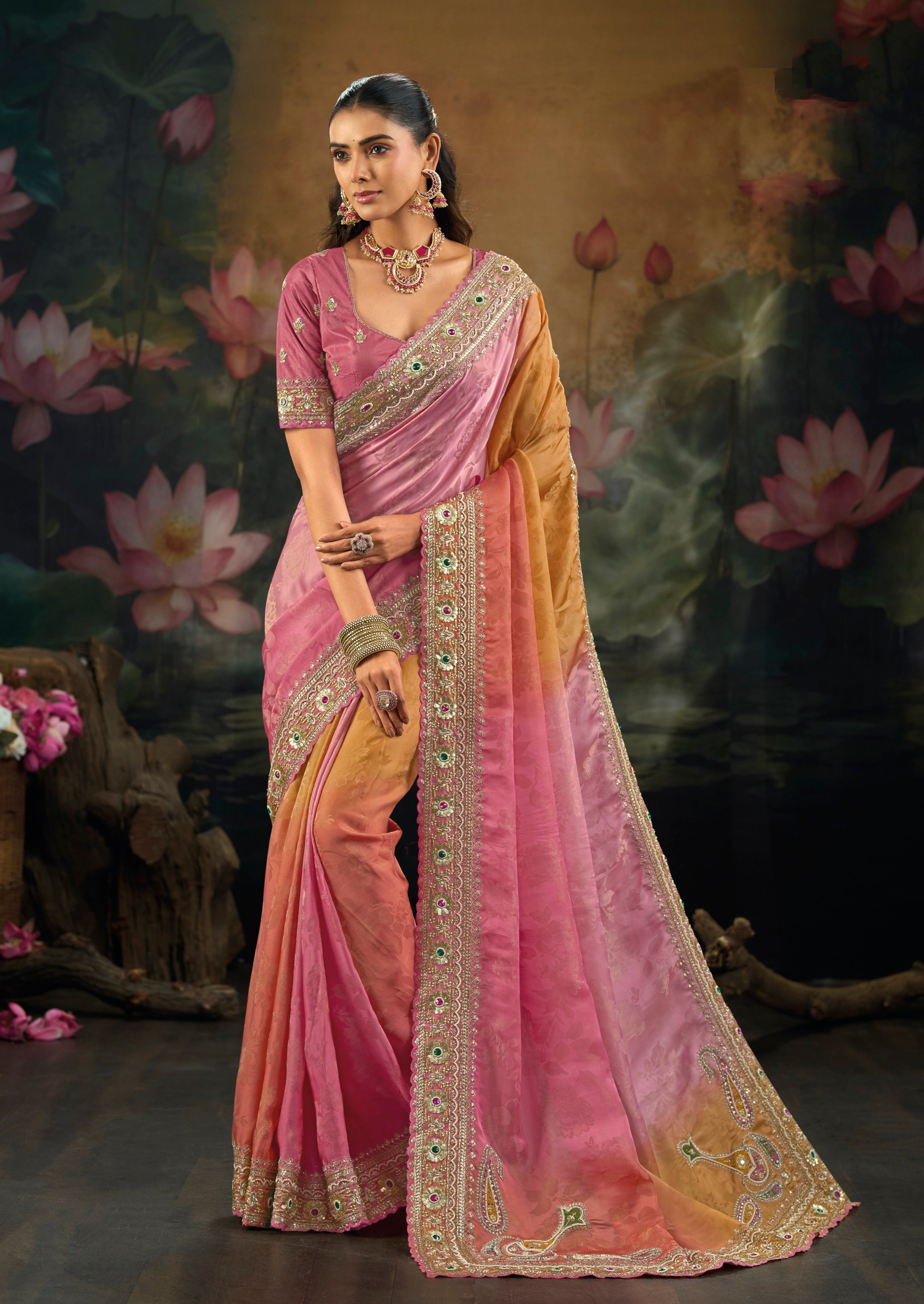 Pink Pure Crepe Moti Cutdana Saree