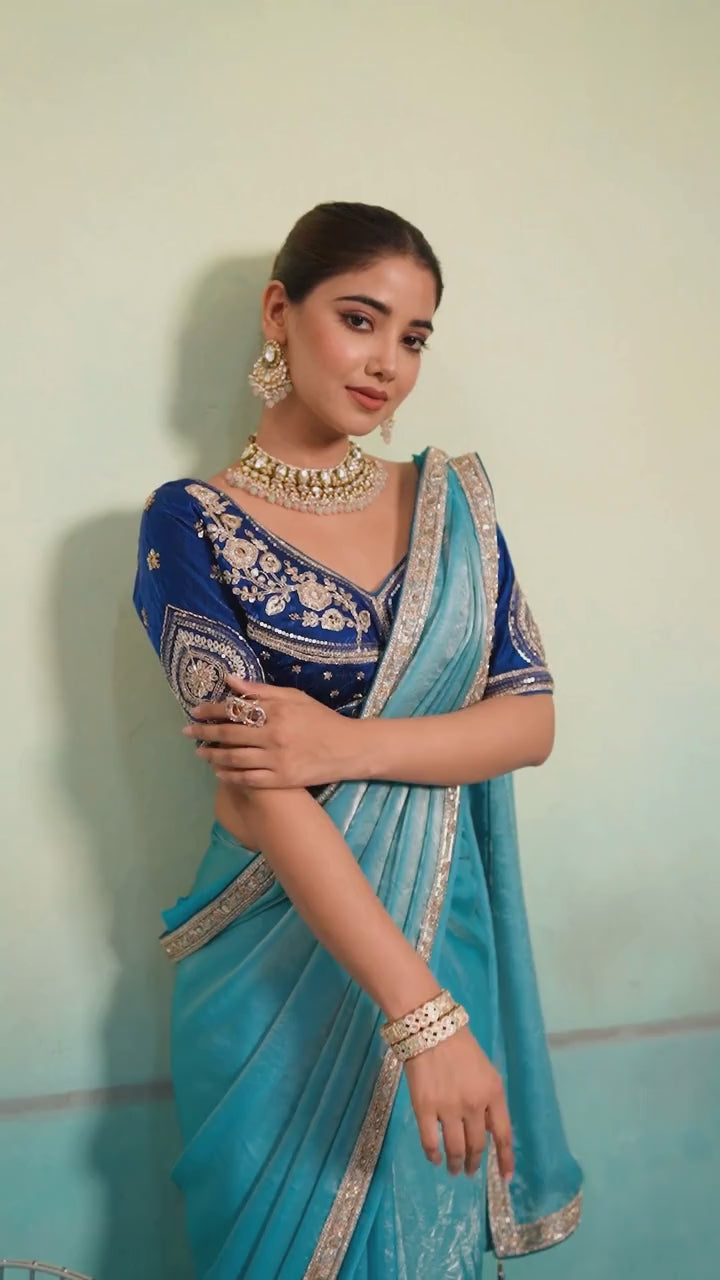 Velvet Satin Party Wear Blue With Lace Work