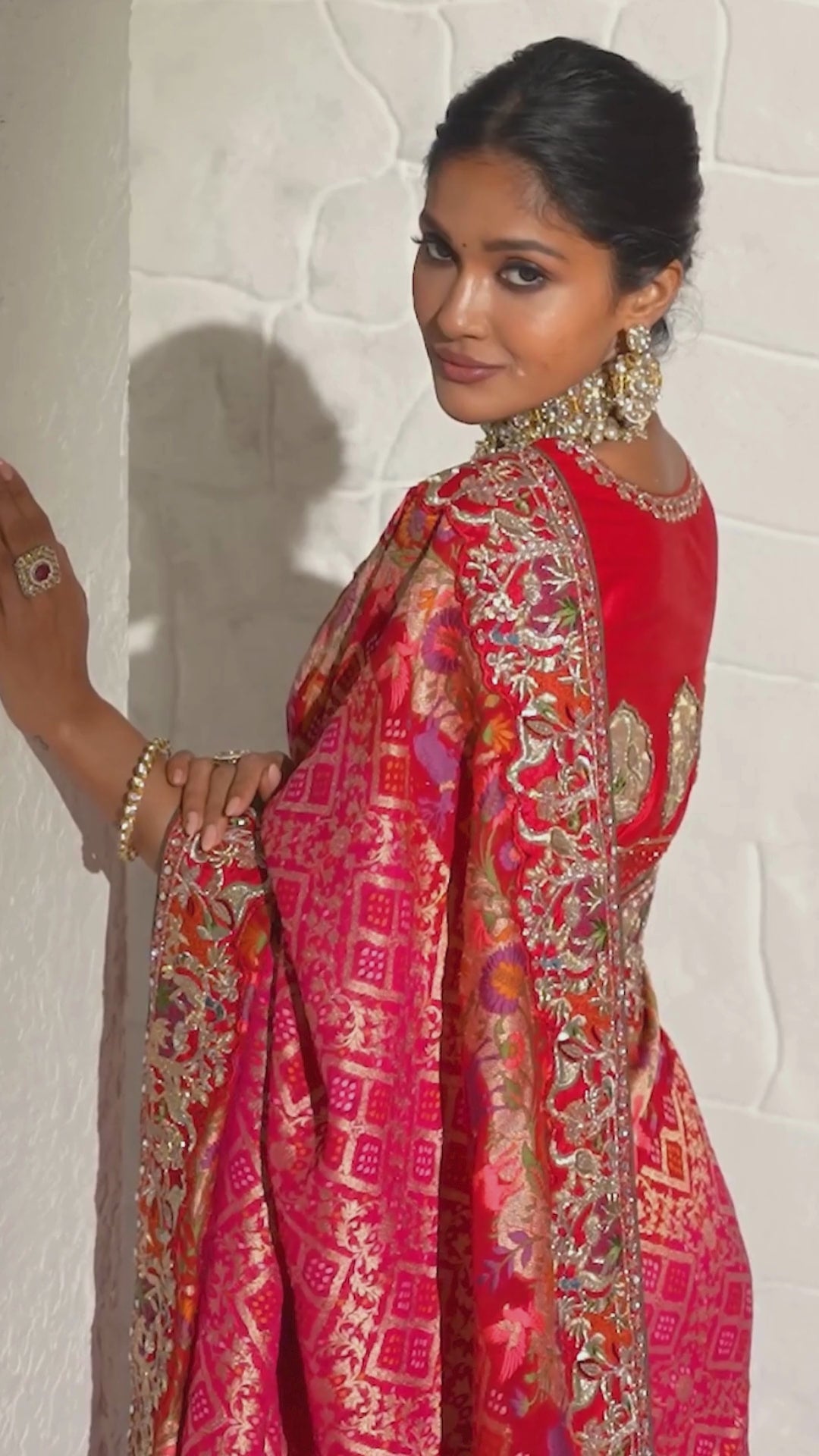 Pure Georgette Bandhej Red Bridal Handwork Border Sarees