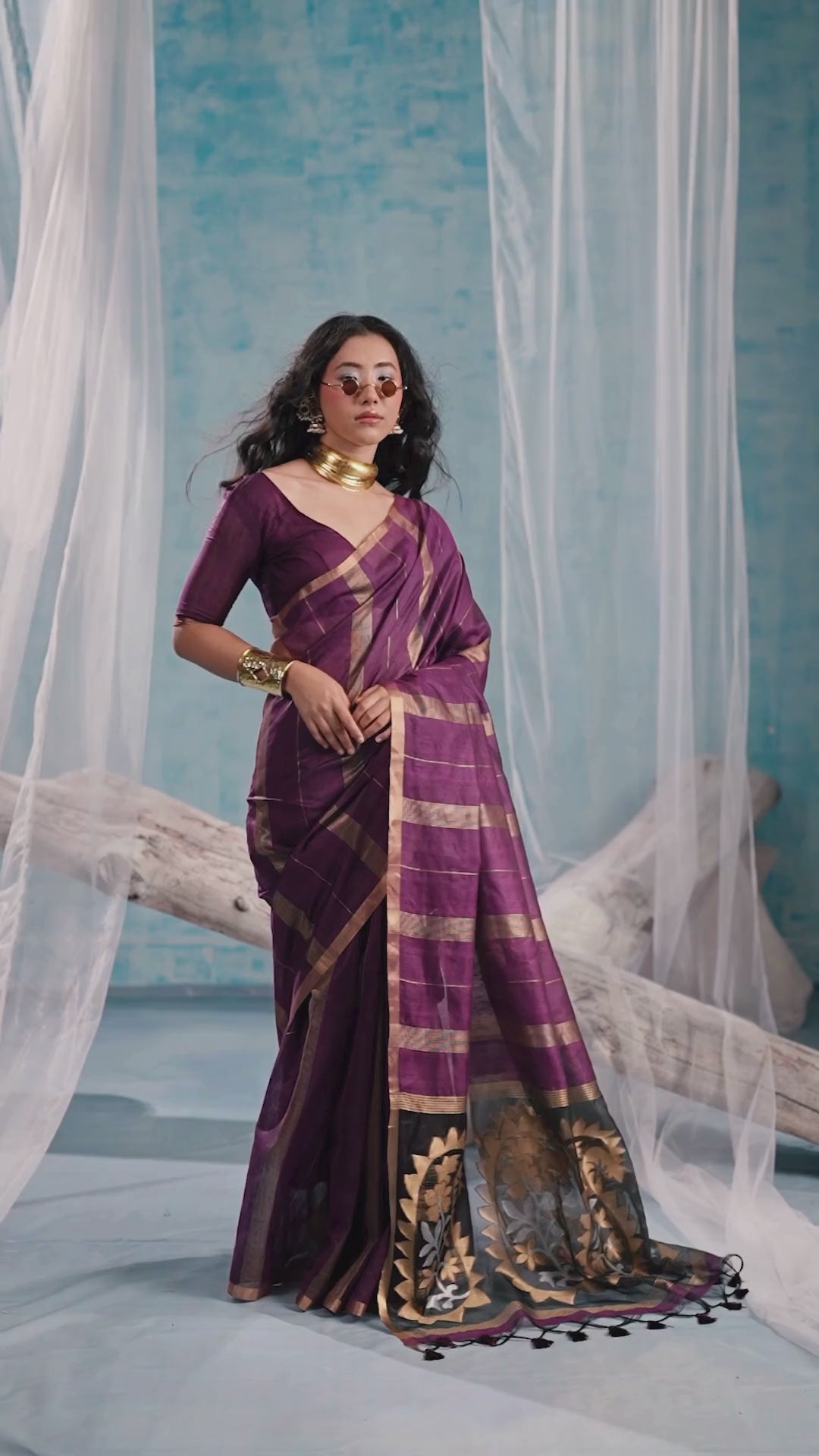 Munga Cotton Purple Casual Wear Handloom Weaving Sarees