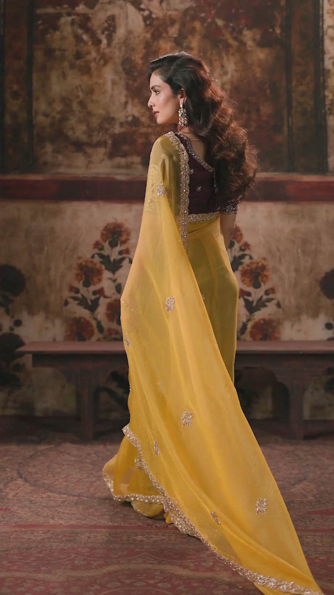 Organza Party Wear Mustard With Handwork Motif Work