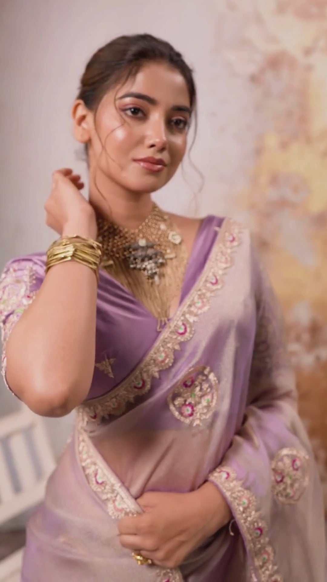 Tissue Pita Zari Party Wear Lavender Butta Work Sarees