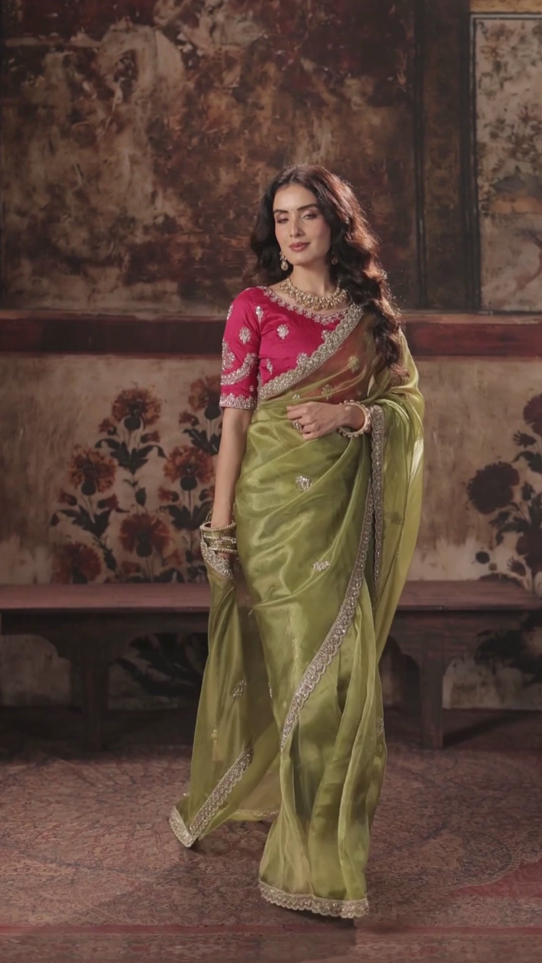 Organza Party Wear Green With Handwork Motif Work