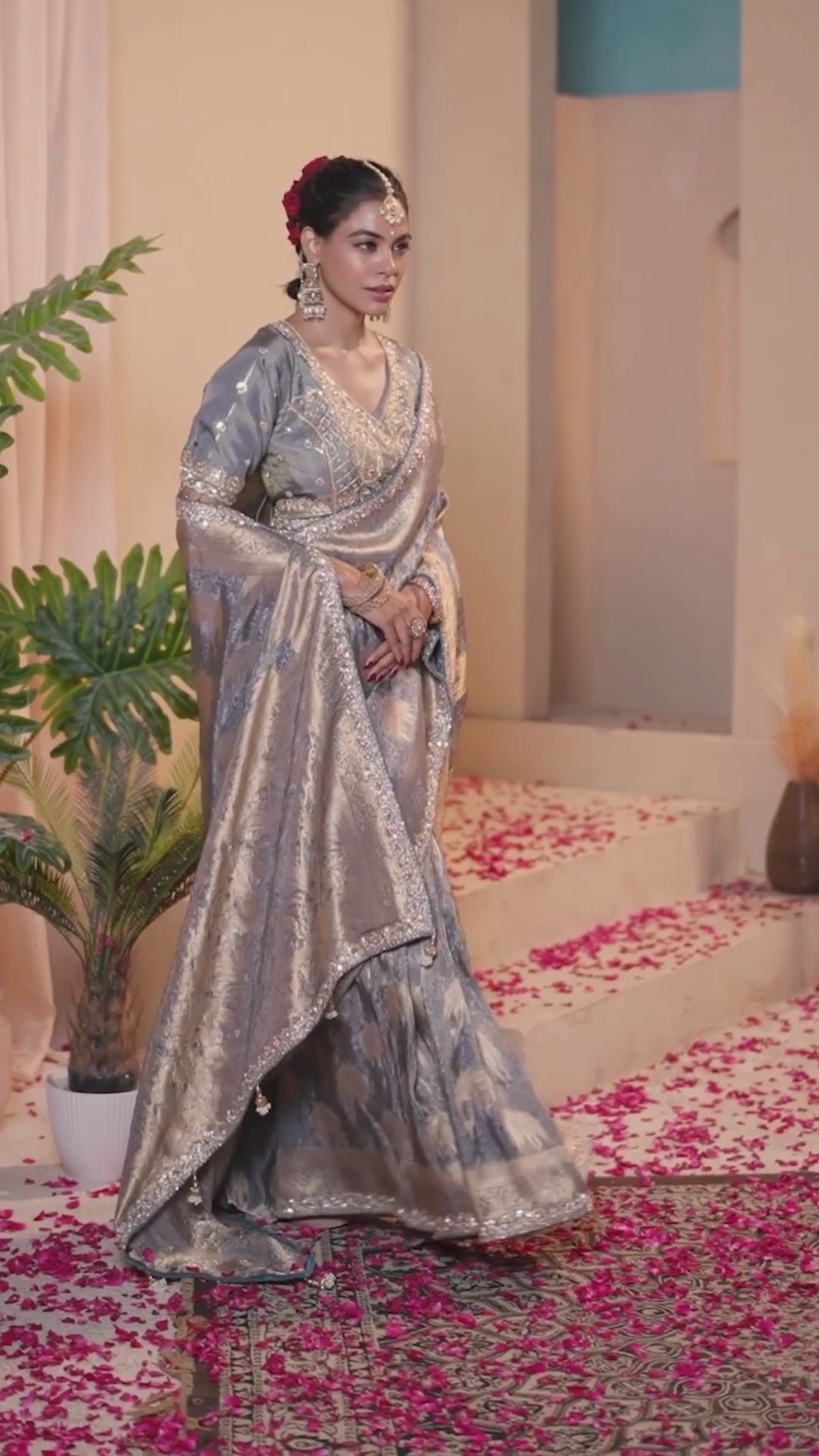 Tissue Festival Wear Grey With Bead Work Saree