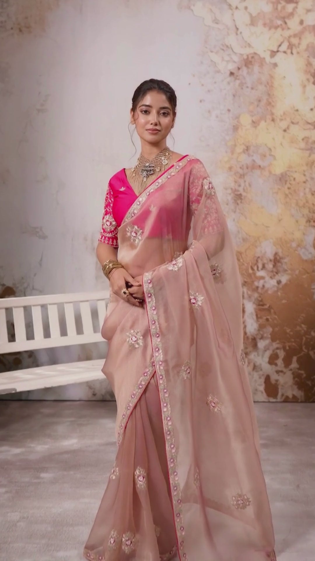 Tissue Pita Zari Party Wear Pink Butta Work Sarees