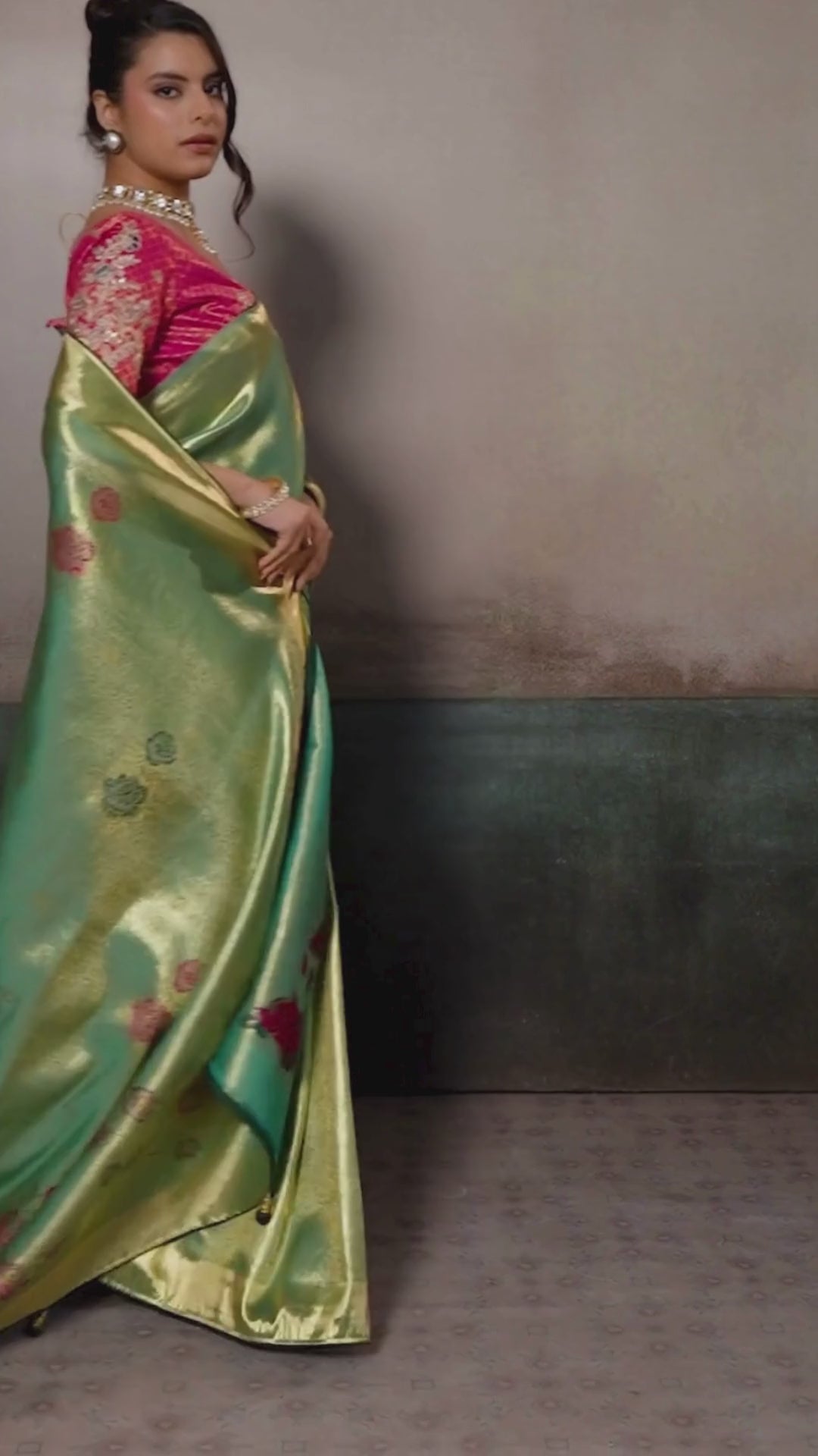 Tissue Banarasi Silk Green Party Wear Meenakari Work Sarees