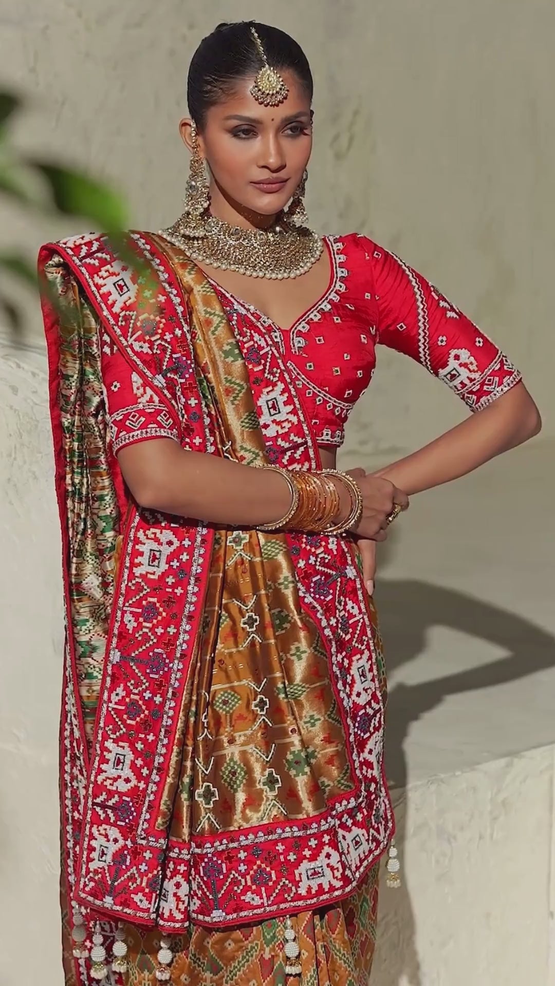Silk Patan Patola Brown Party Wear Beads Work Sarees