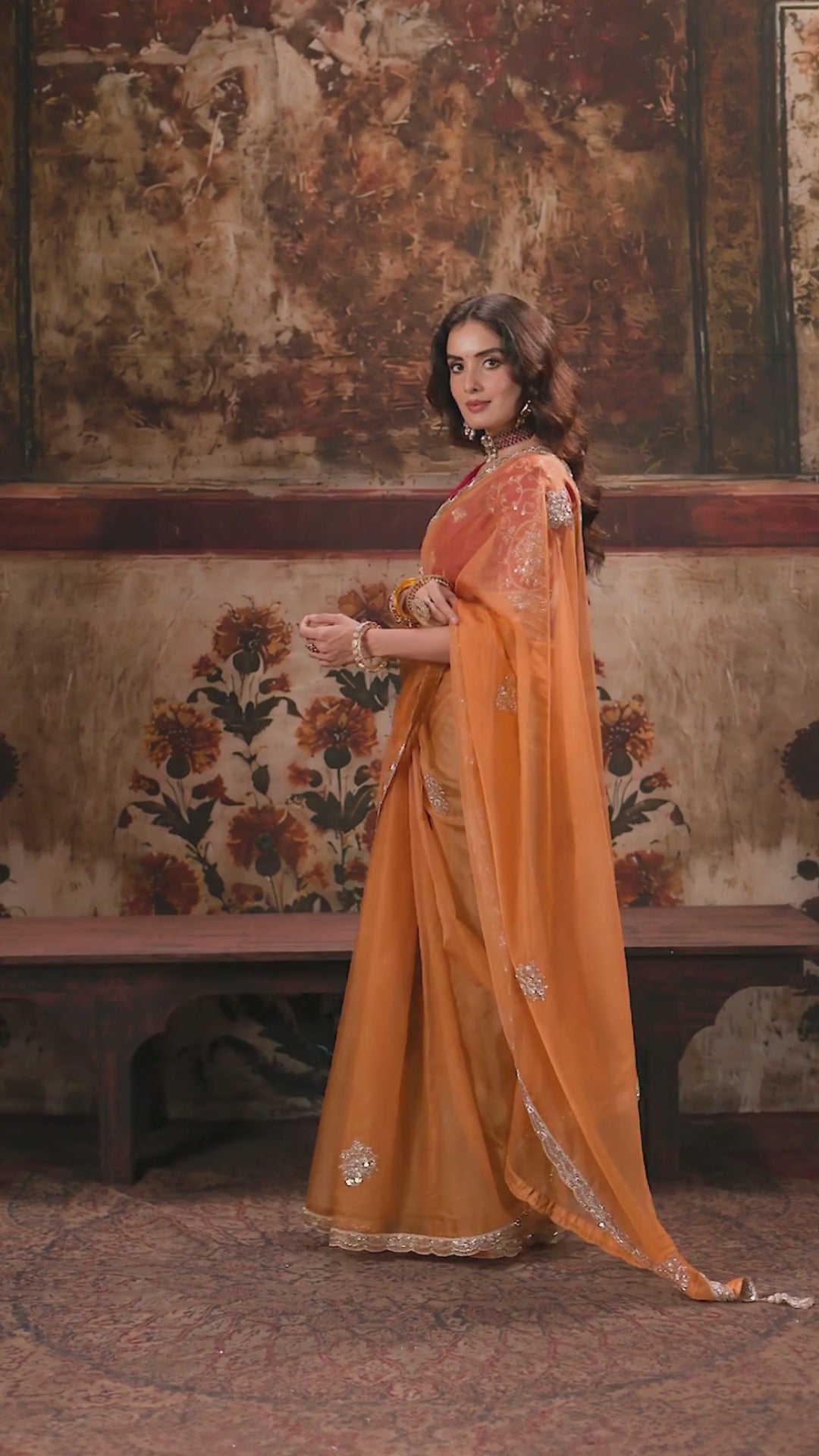 Organza Party Wear Orange With Handwork Motif Work