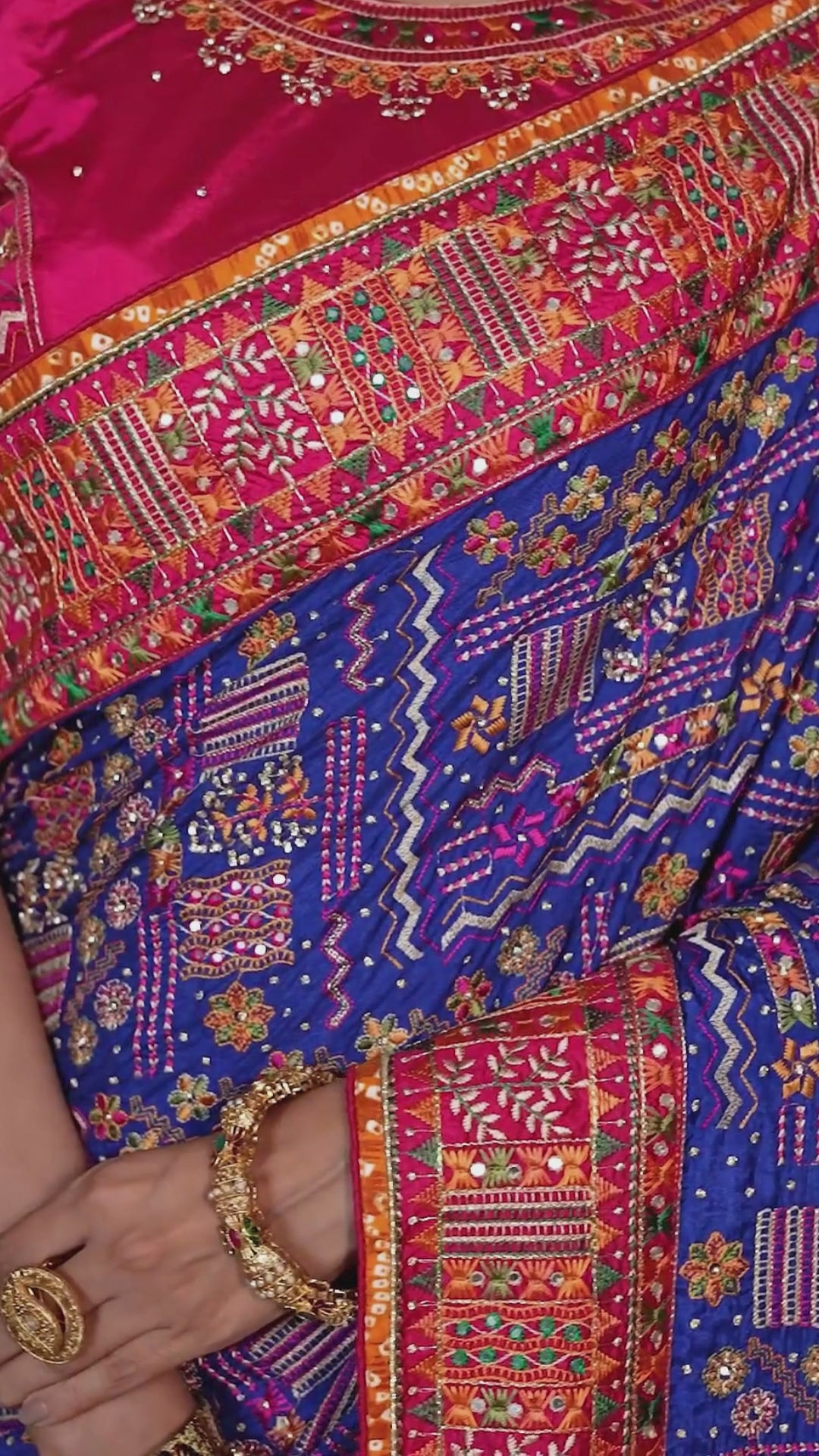Pure Kachhi Wedding Wear Dark Blue Mirror Work Sarees