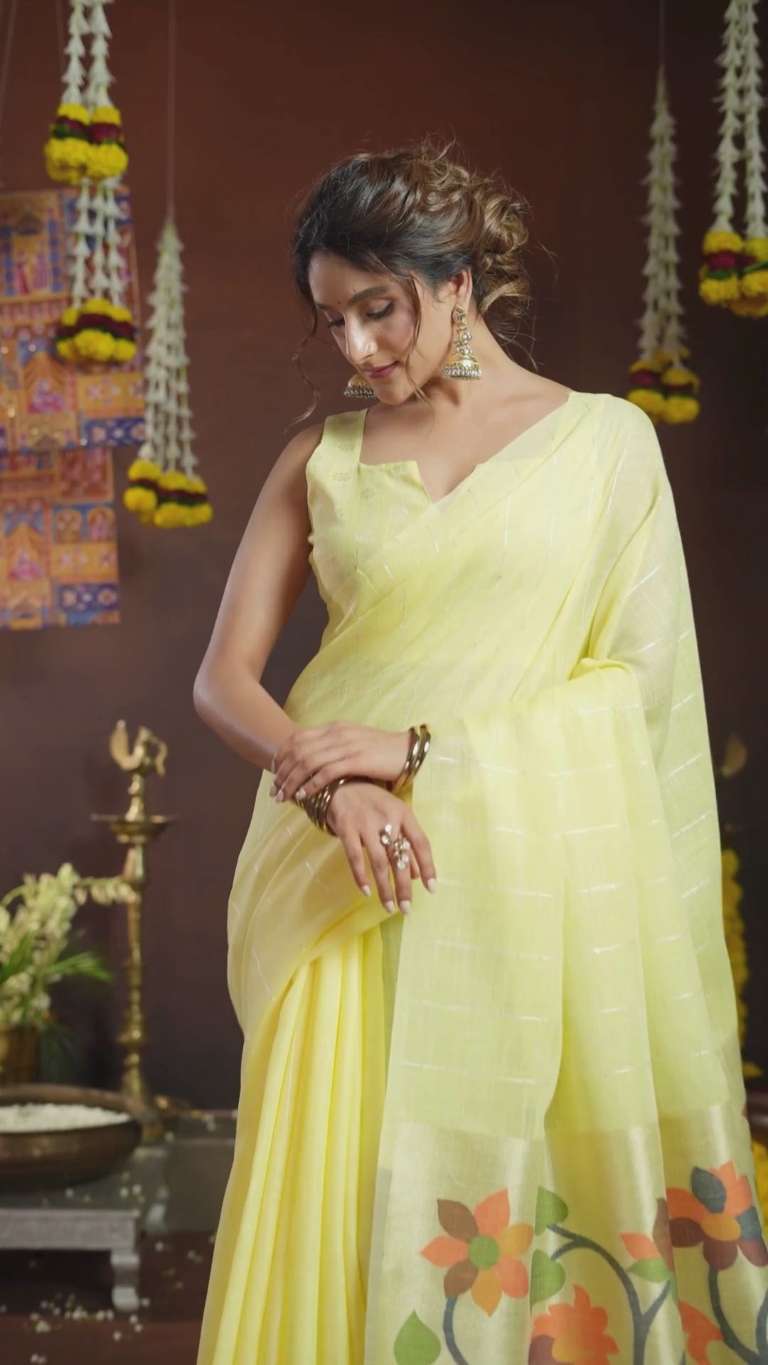 Linen Sequence Yellow Casual Wear Jacquard Pallu Saree
