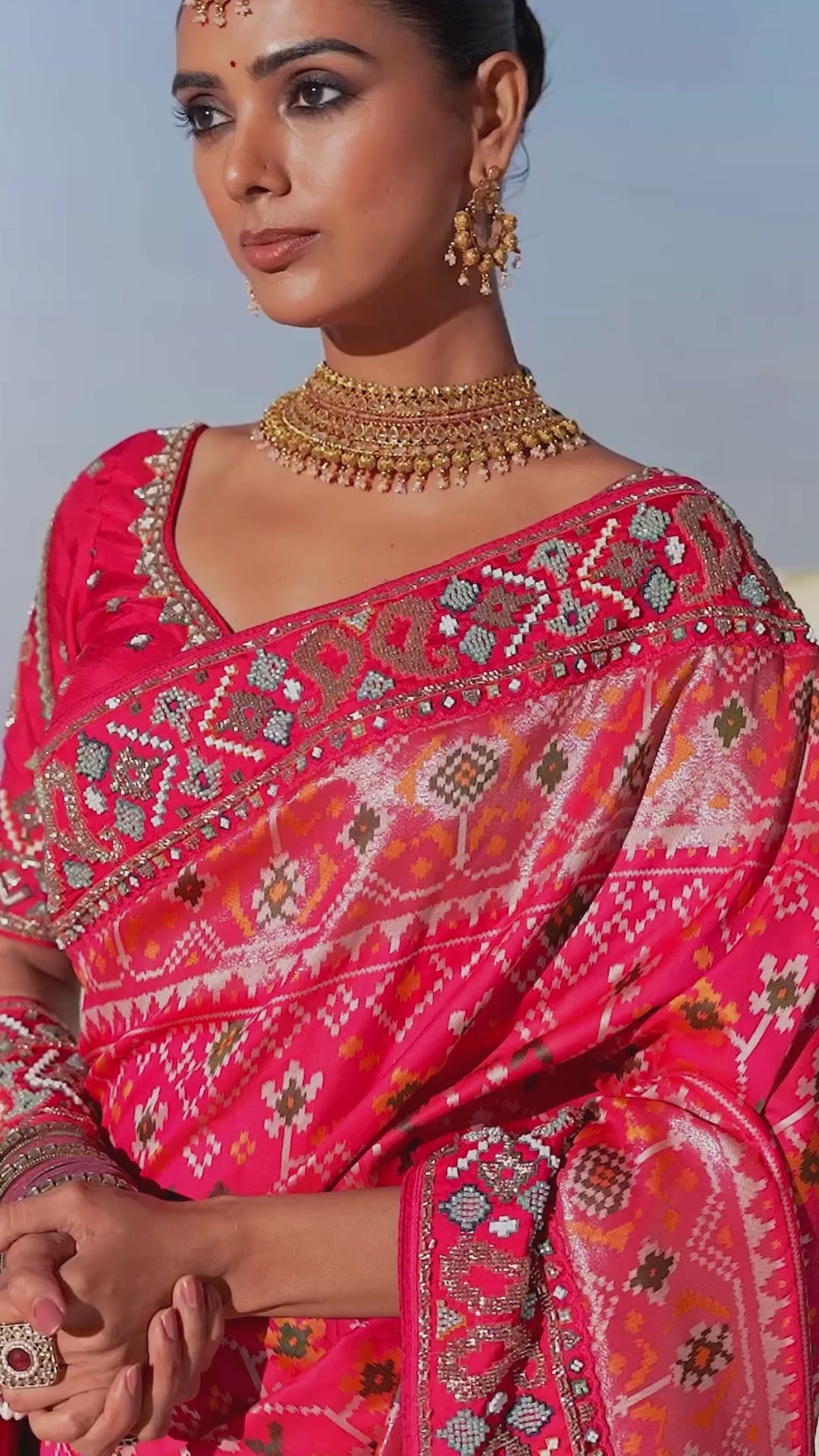 Silk Patan Patola Rani Pink Festive Wear Beads Work Sarees