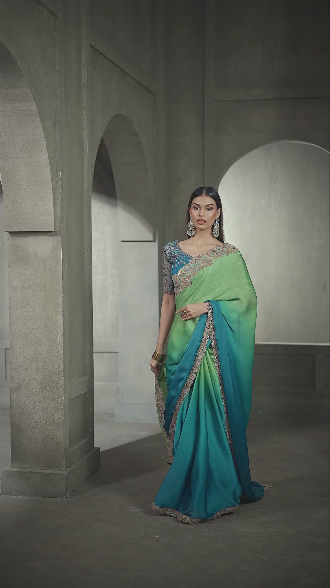 Satin Chiffon Party Wear Blue With Heavy Work Sarees