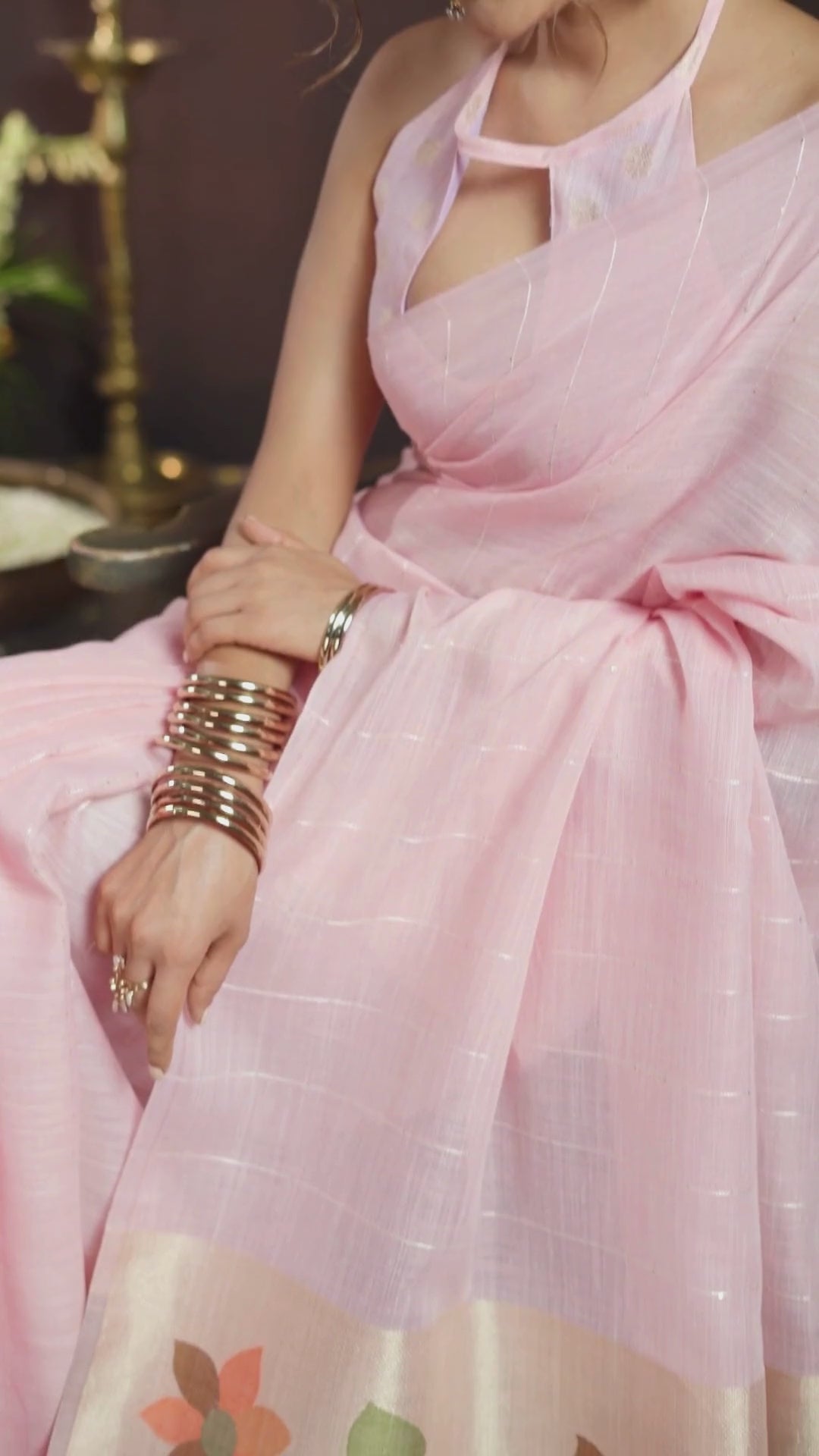 Linen Sequence Pink Casual Wear Jacquard Pallu Saree