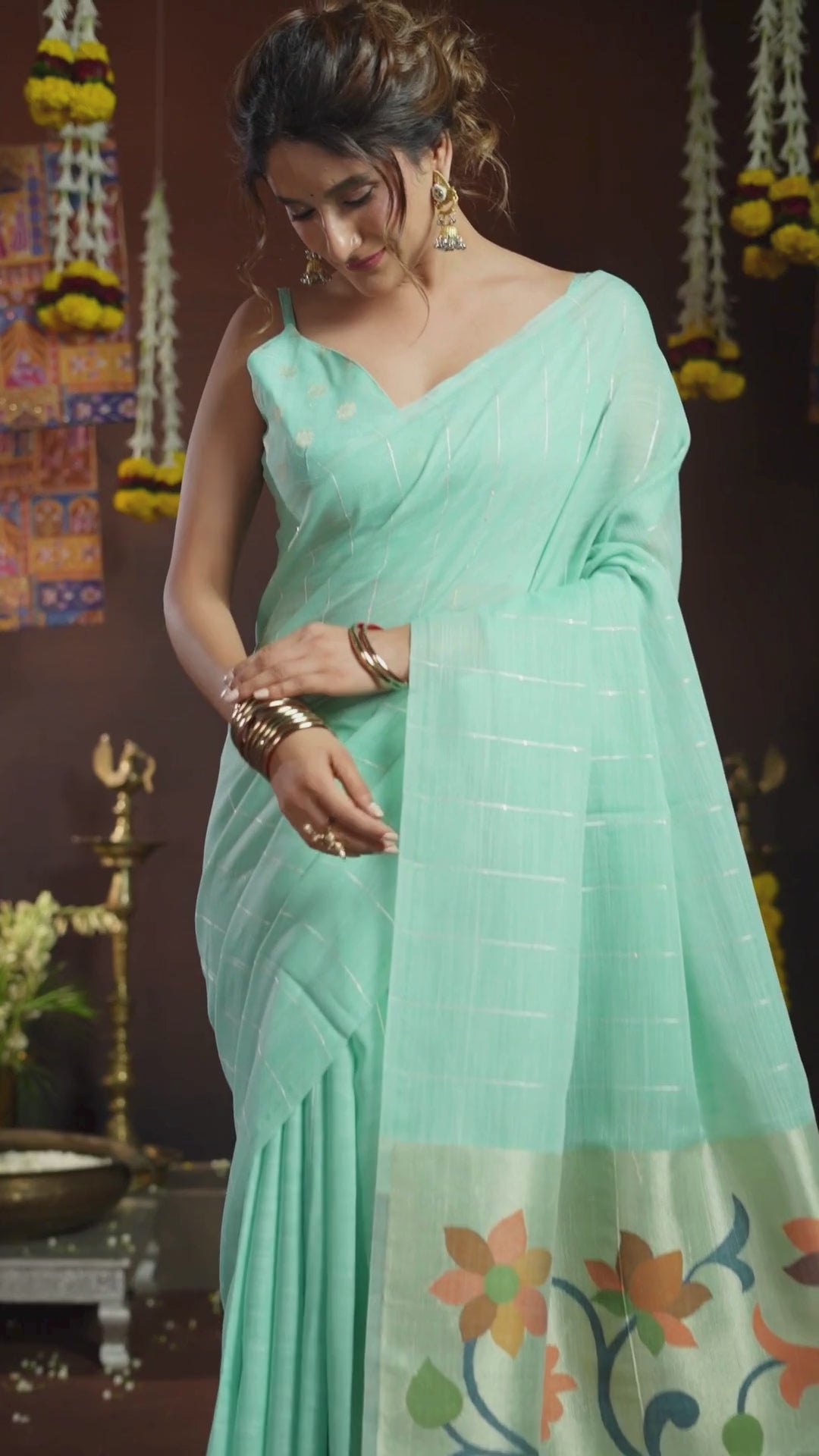 Linen Sequence Teal Casual Wear Jacquard Pallu Saree