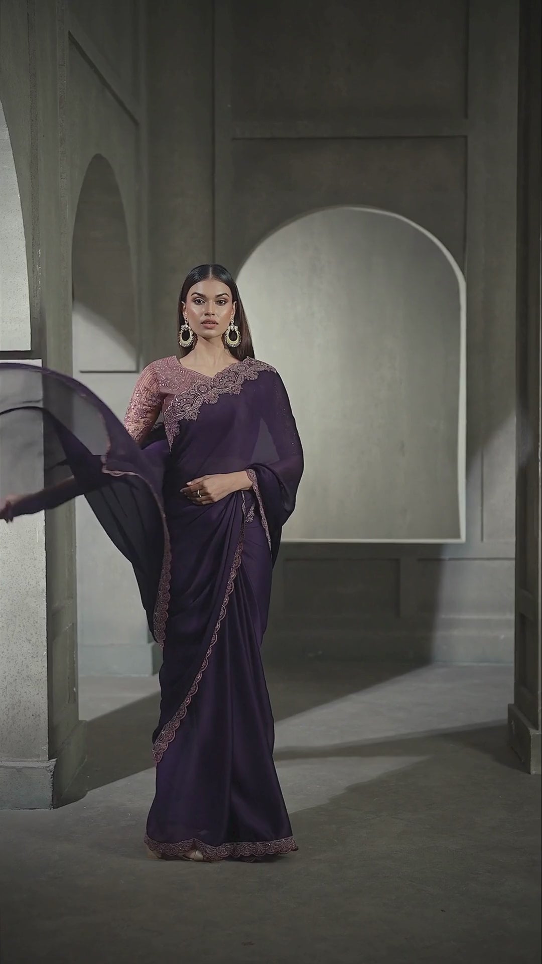 Satin Silk Chiffon Party Wear Purple With Heavy Work Sarees