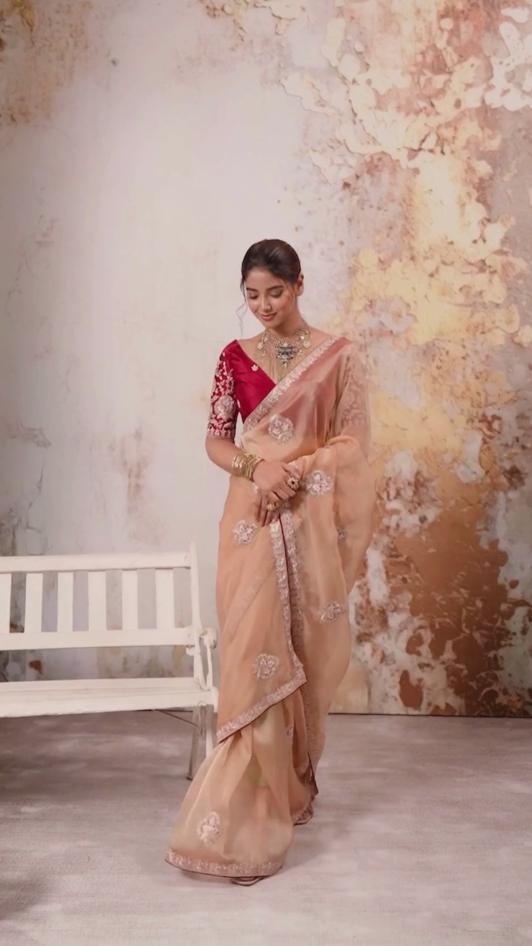 Tissue Pita Zari Party Wear Rose Gold Butta Work Sarees