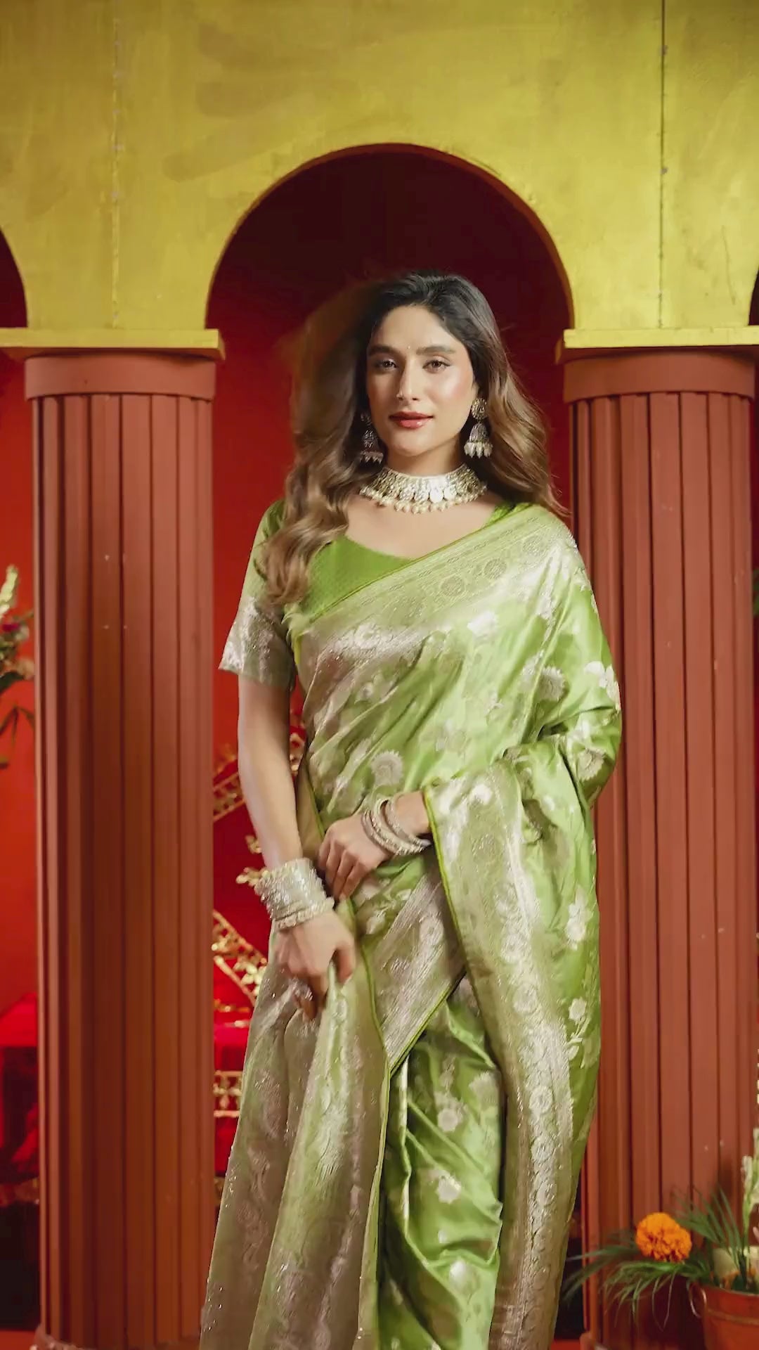 Satin Silk Festival Wear Green With Swarovski Work Sarees