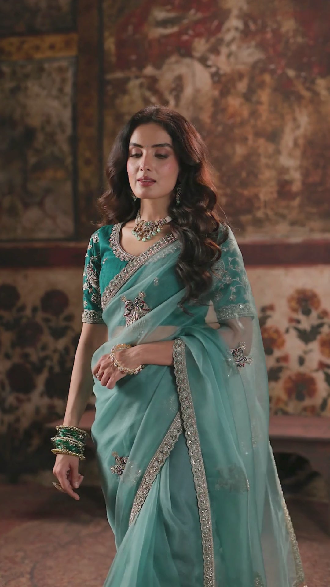 Organza Party Wear Teal With Handwork Motif Work