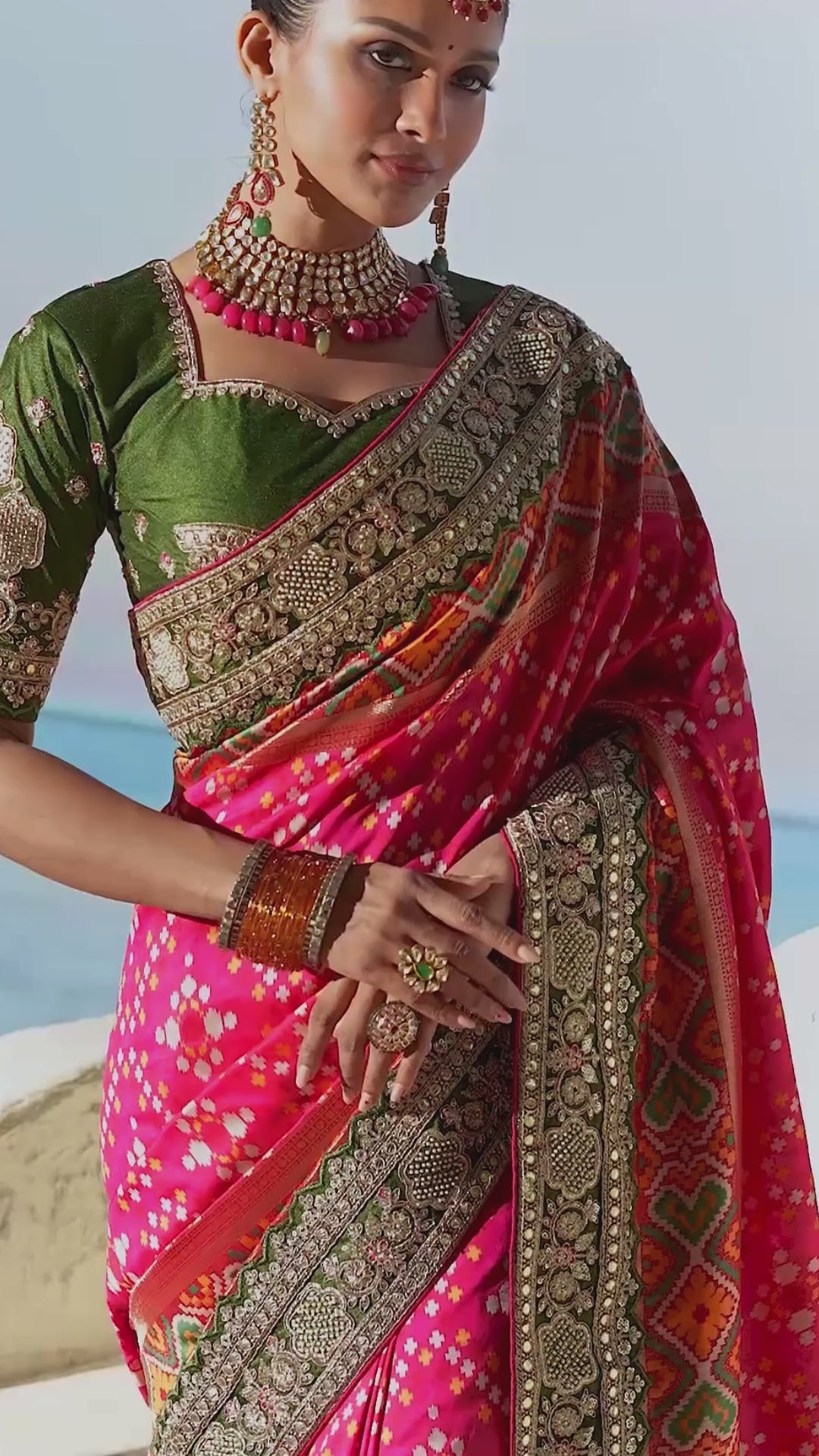 Silk Patan Patola Rani Pink Party Wear Cutdana Work Sarees