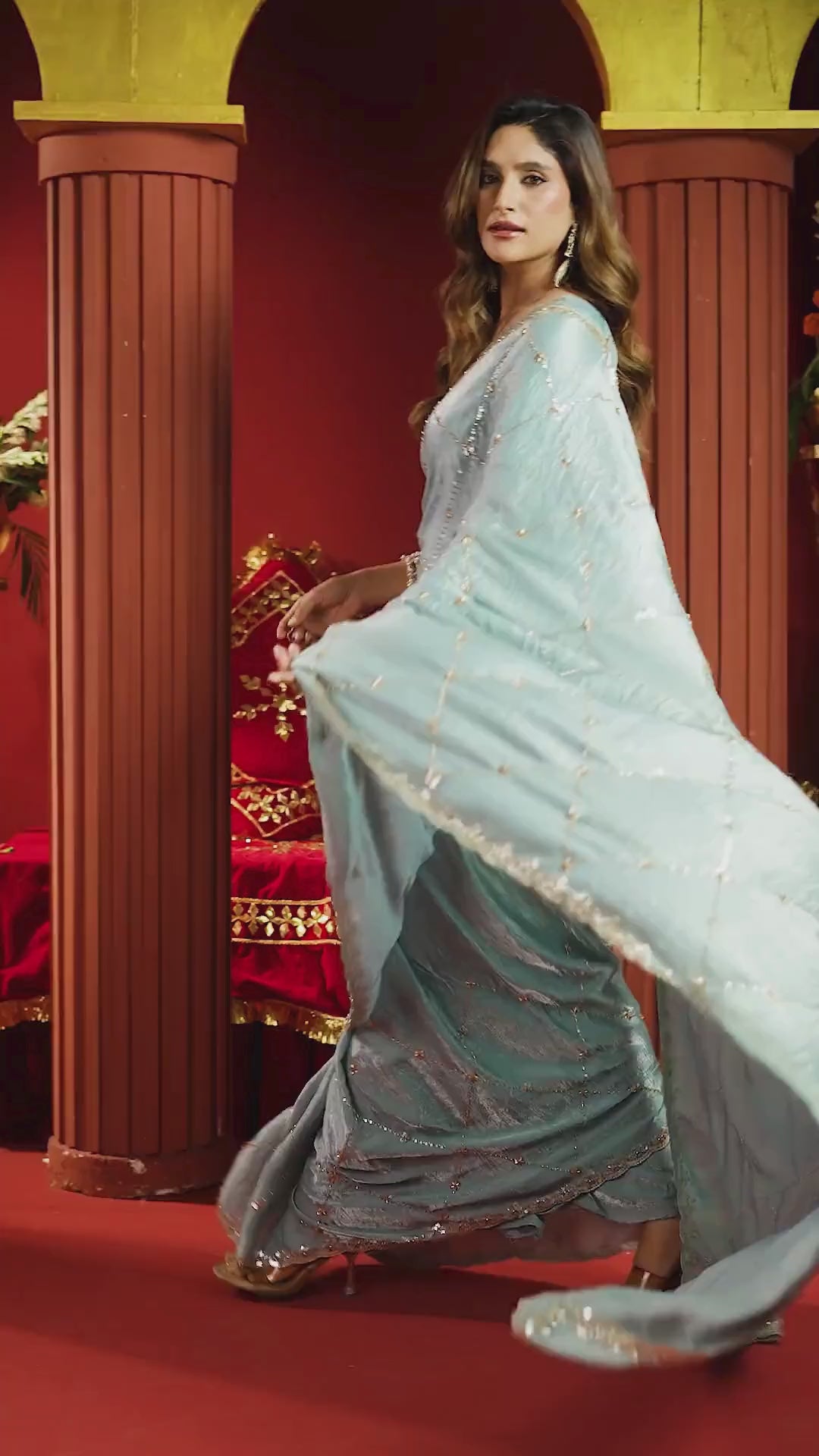 Premium Velvet Bliss Teal Festival Wear With Bead Work Saree