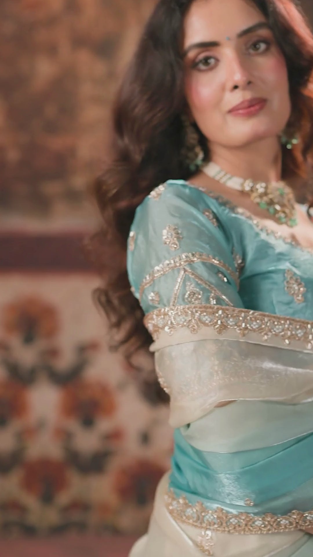 Fendi Satin Party Wear Sky Blue With Handwork Motif Work
