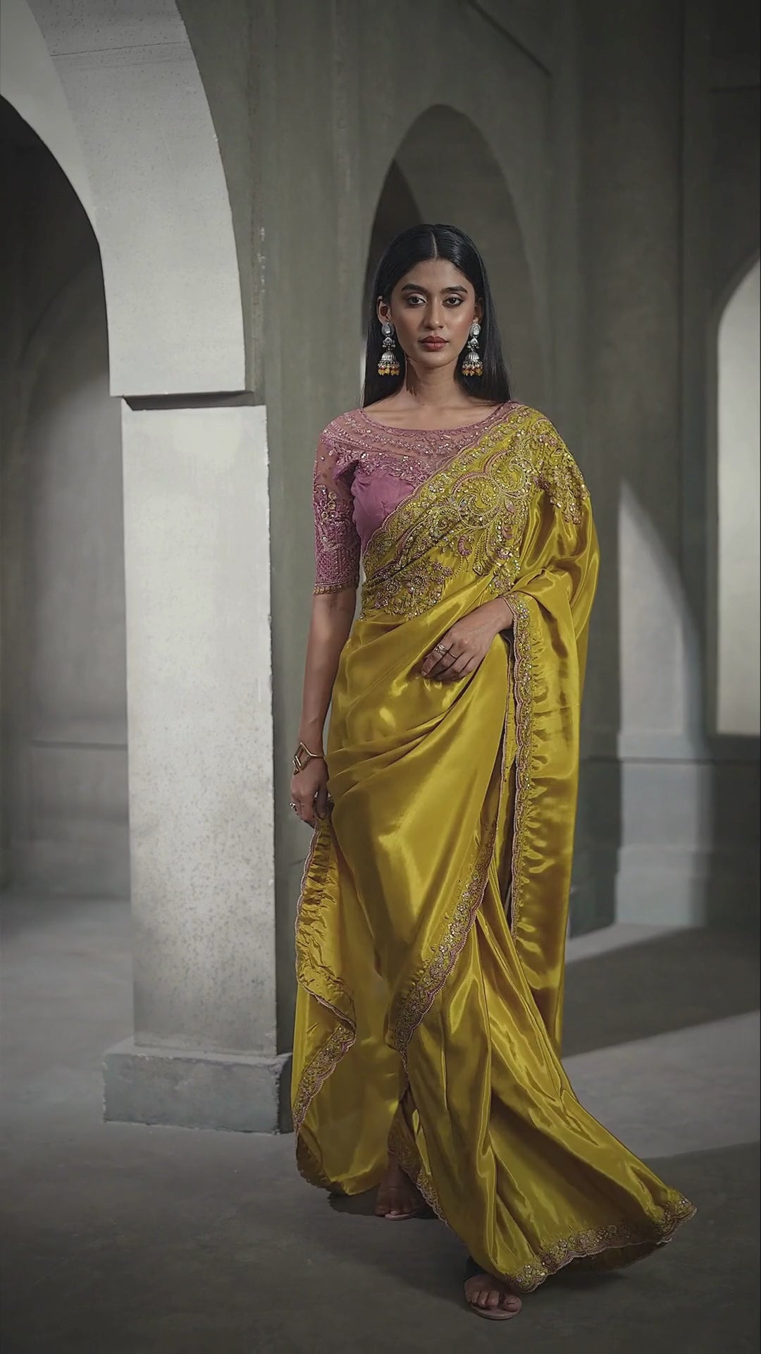 Crape Silk Party Wear Yellow With Heavy Work Sarees