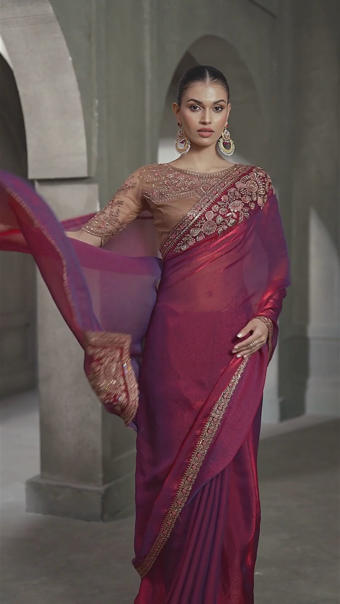 Tissue Satin Silk Party Wear Wine With Heavy Work Sarees