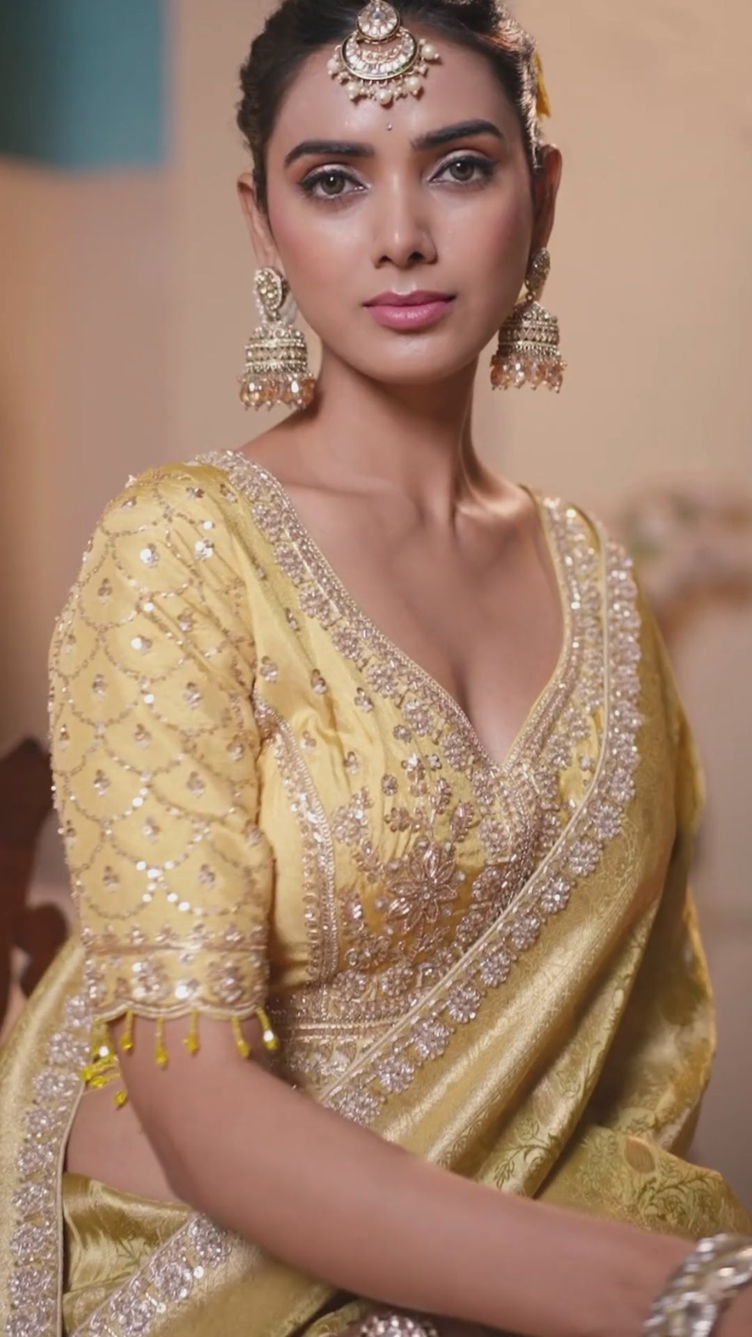 Tissue Festival Wear Yellow With Bead Work Saree