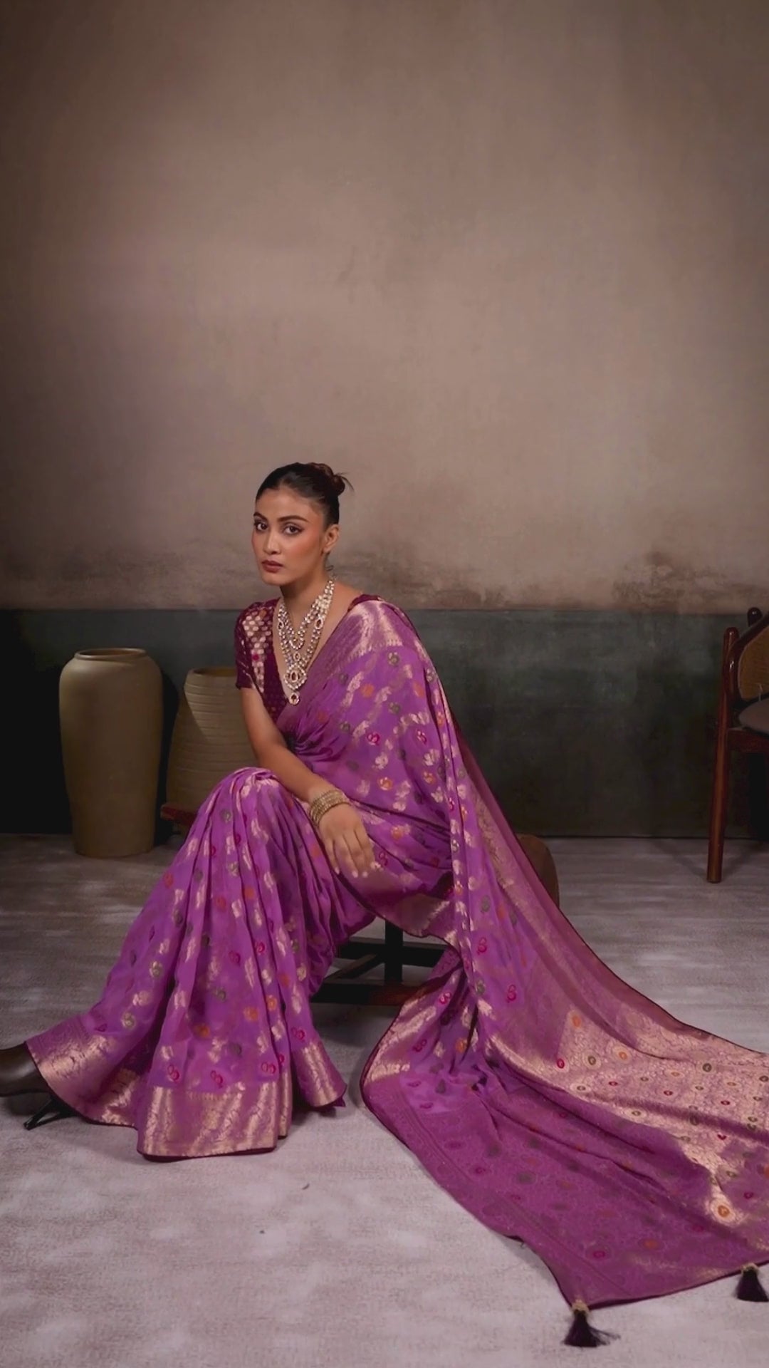 Khaddi Georgette Purple Festival Wear Woven Sarees