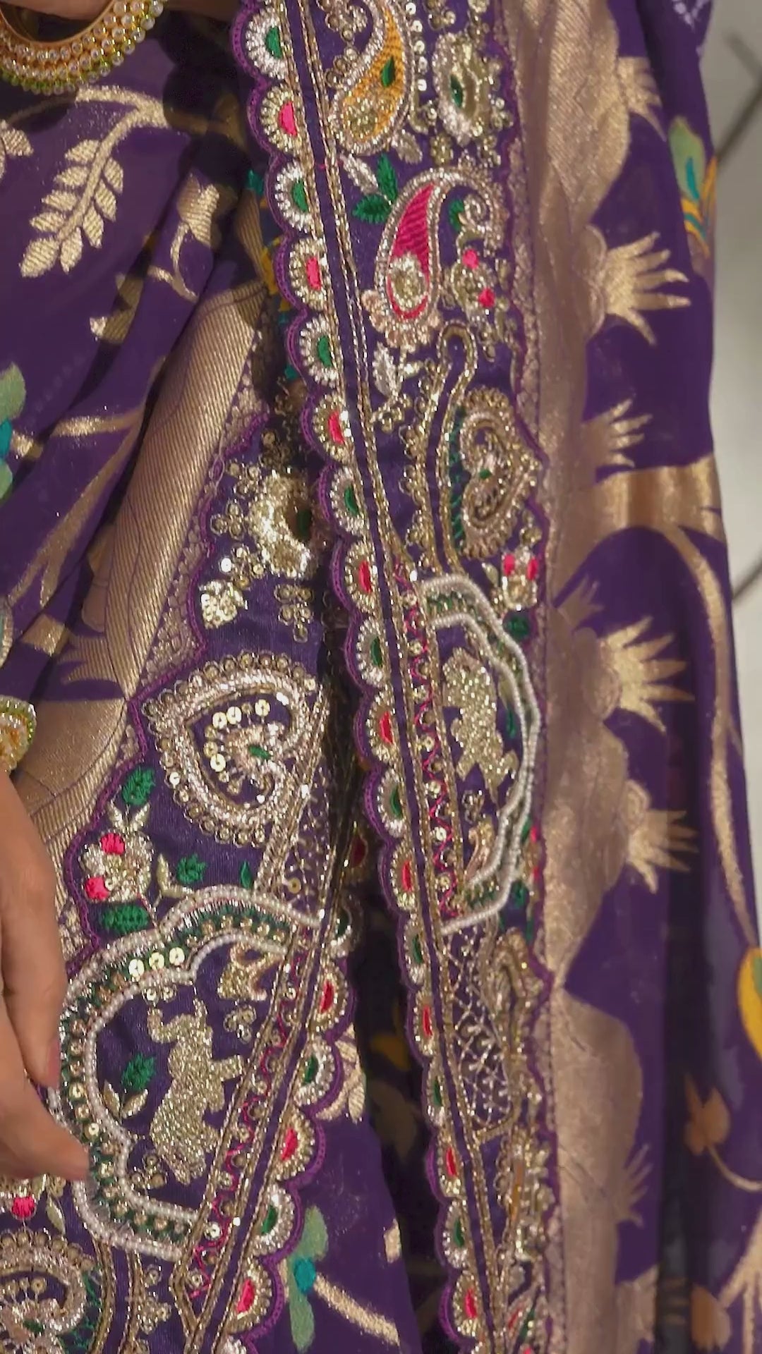 Pure Georgette Bandhej Purple Bridal Handwork Border Sarees