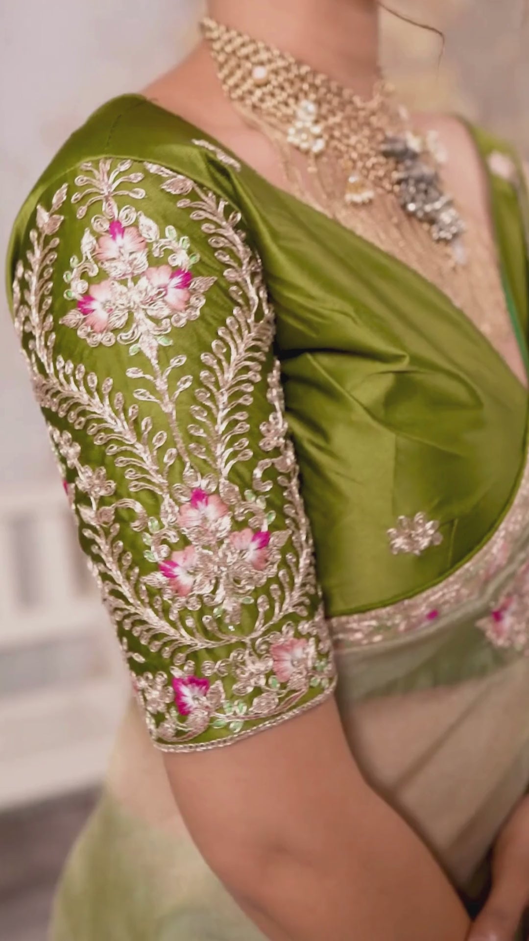Tissue Pita Zari Party Wear Olive Butta Work Sarees