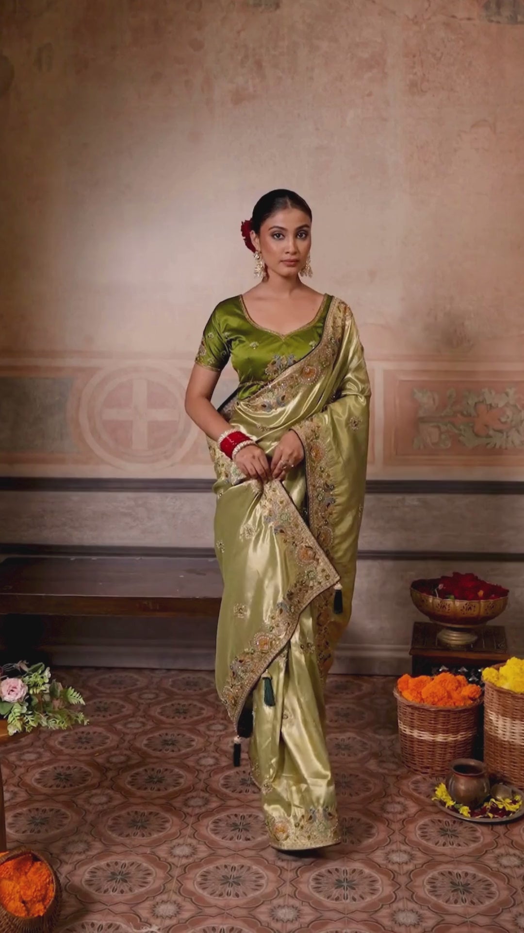 Banarasi Silk Jacquard Olive Party Wear Embroidery Sarees