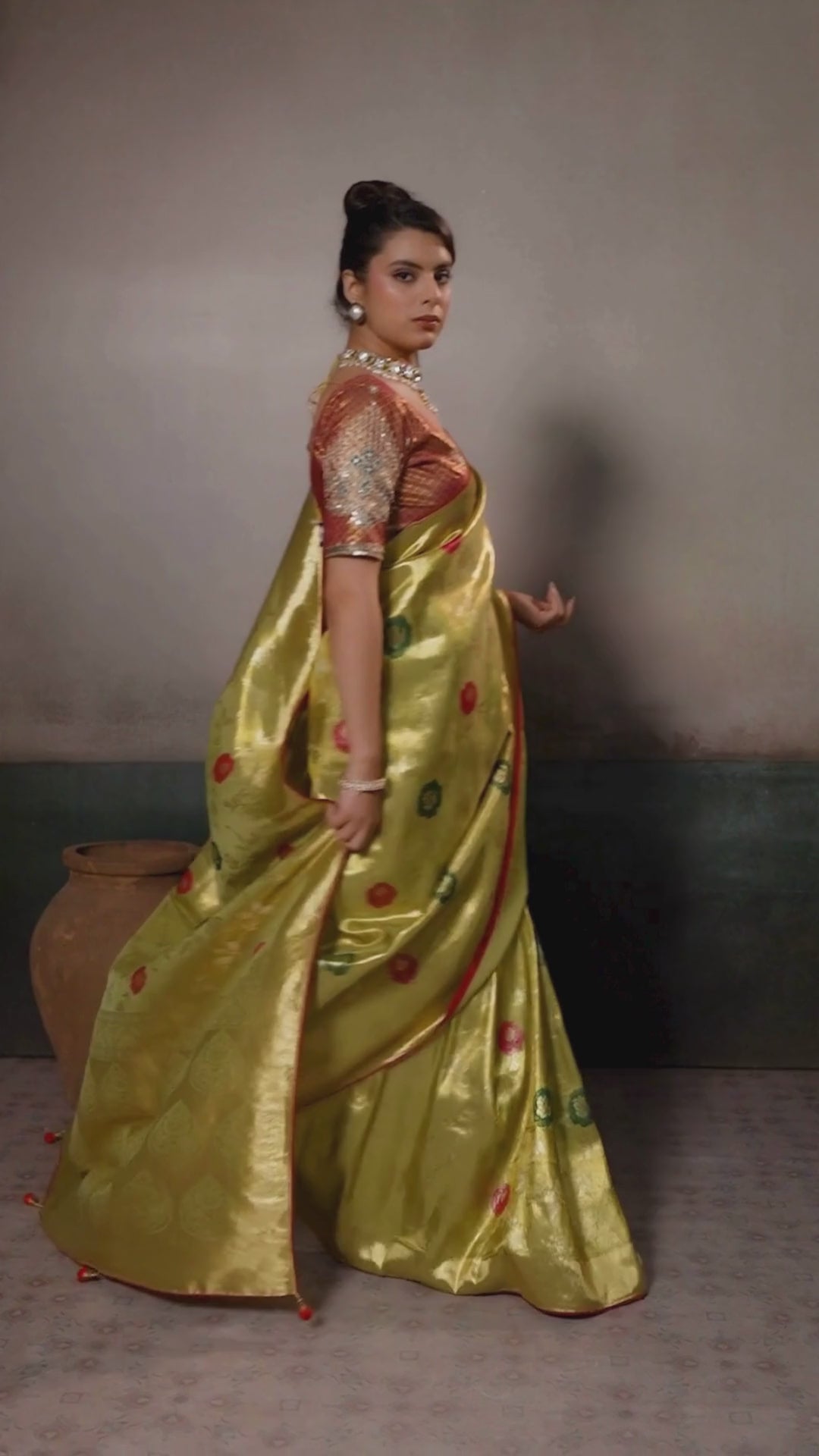 Tissue Banarasi Silk Yellow Party Wear Meenakari Work Sarees