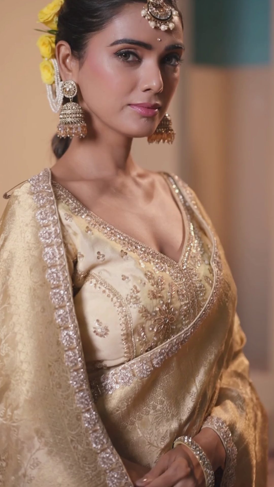 Tissue Festival Wear Mustard With Bead Work Saree