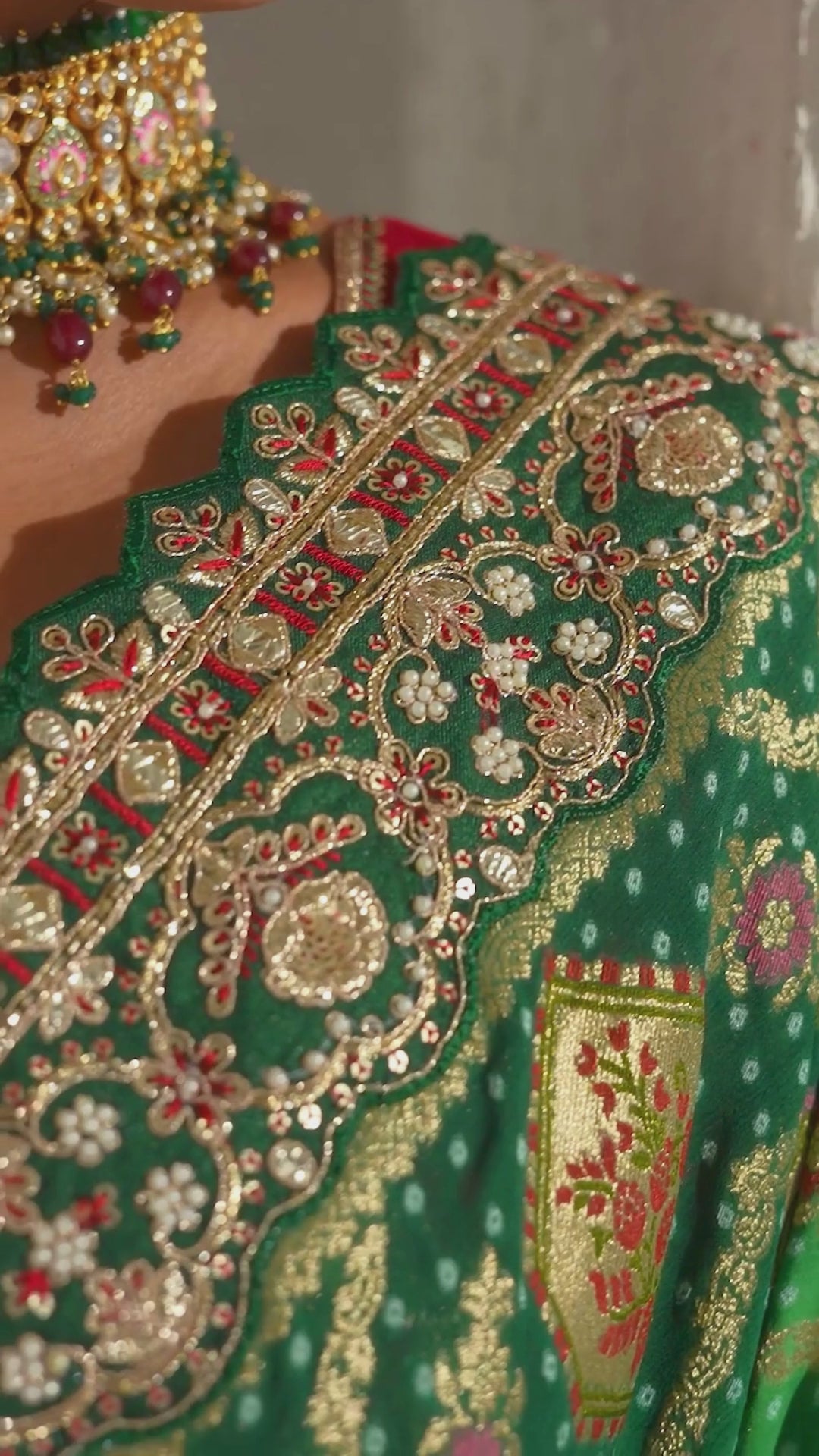 Pure Georgette Bandhej Green Bridal Handwork Border Sarees