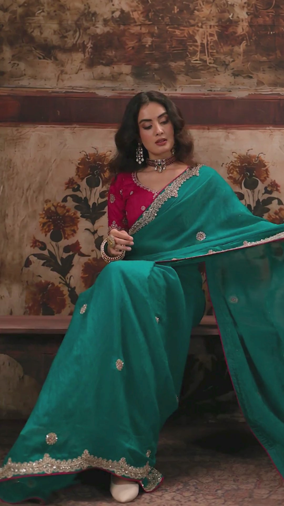 Bemberg Party Wear Teal With Handwork Motif Work