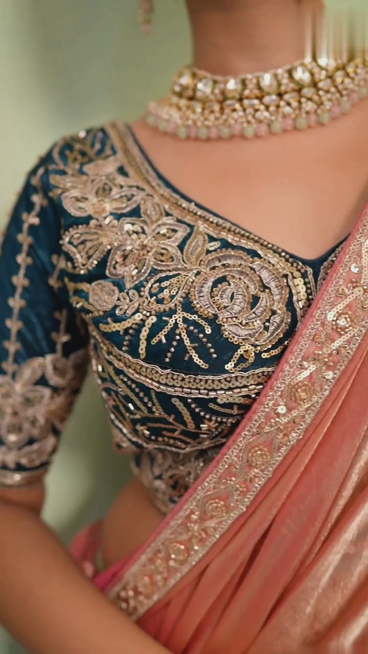 Velvet Satin Party Wear Peach With Lace Work