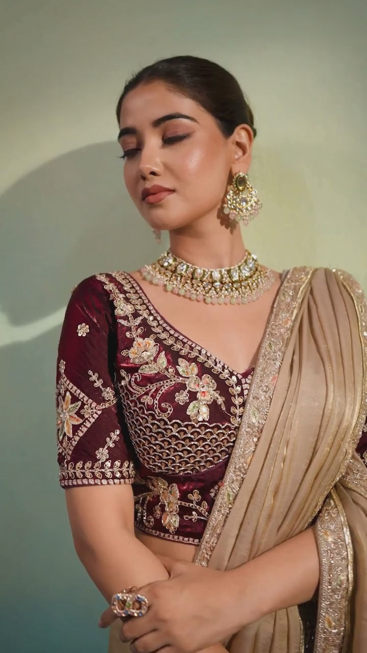 Velvet Satin Party Wear Beige With Lace Work